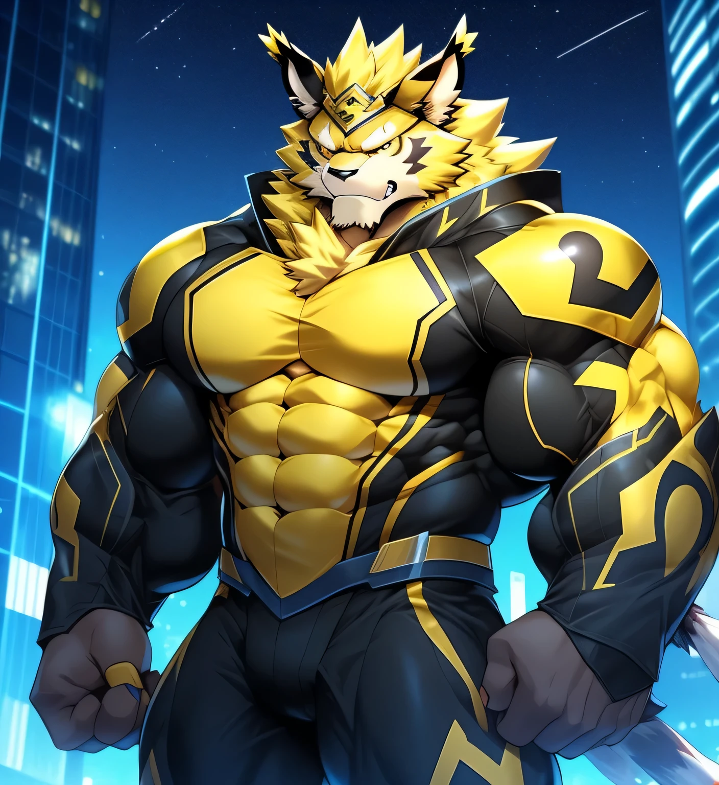 fondo de la ciudad, rascacielos, ciudad futurista, Noche, estrellas, Noche lights, Leomon Gigachad, super hero, hero, mono, massive muscles, enormes pectorales, abdominales cincelados, huge pectorales, Exaggeratedly large muscles. A furry hero whose presence inspires trust and respect. (((His hero costume is black and yellow..)))