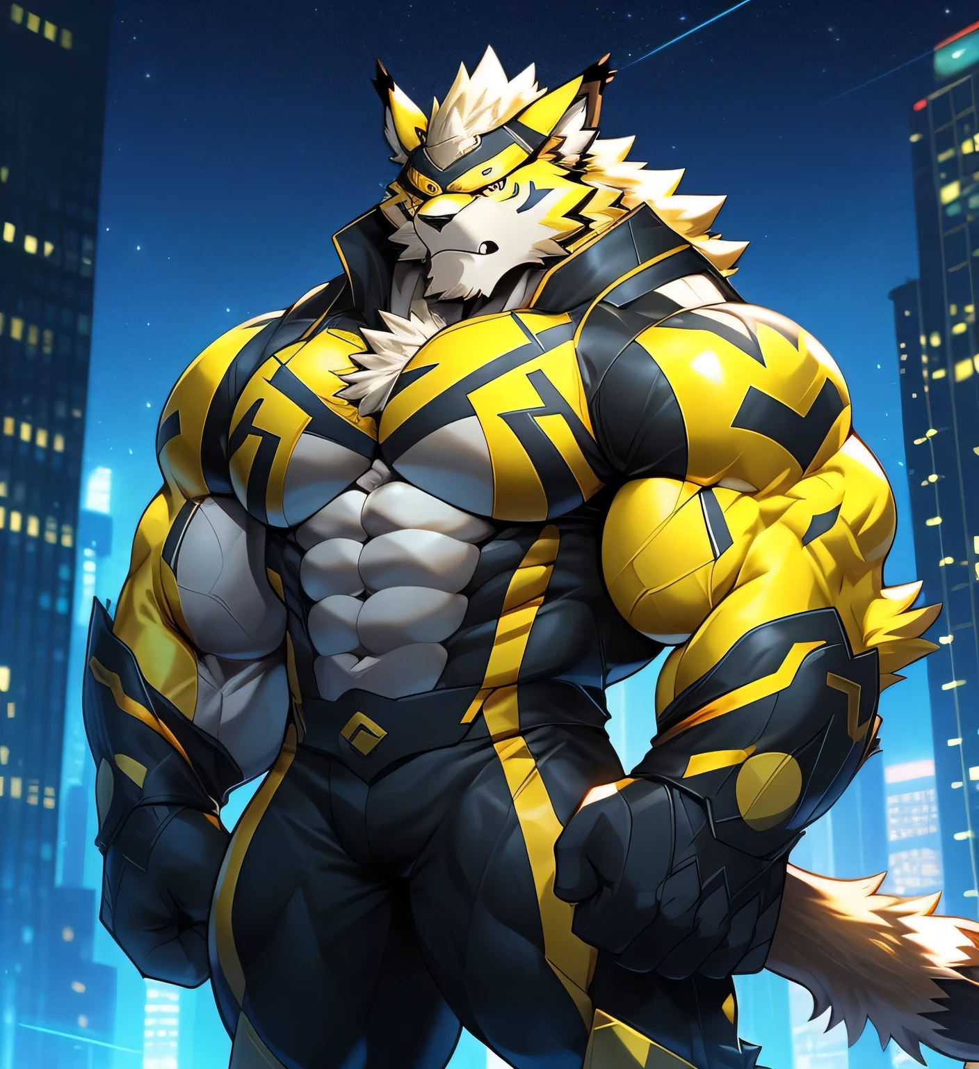 fondo de la ciudad, rascacielos, ciudad futurista, Noche, estrellas, Noche lights, Leomon Gigachad, super hero, hero, mono, massive muscles, enormes pectorales, abdominales cincelados, huge pectorales, Exaggeratedly large muscles. A furry hero whose presence inspires trust and respect. (((His hero costume is black and yellow..)))