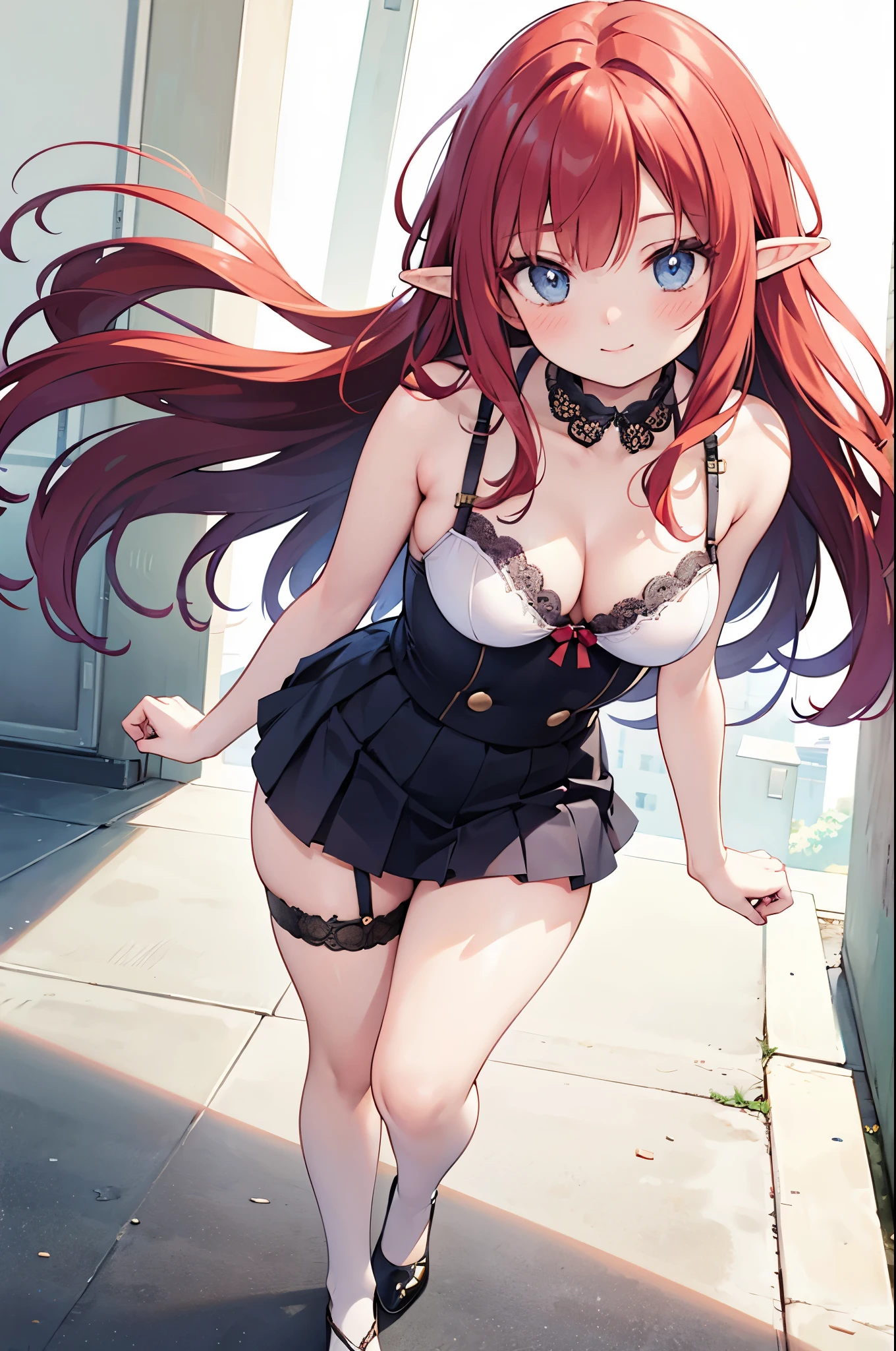 realistic image, coherent image, detailed image, 1 beautiful elf. She has long hair, red hair. Her eyes are green, long eyelashes. Her face is oval and delicate, smiling. She is wearing a lace bra, pleated mini skirt with garters. She has a curvy body, medium breasts, thick thighs. sexy pose. with arms crossed. view of her full body. White background, uniform background. natural lighting, volumetric lighting,