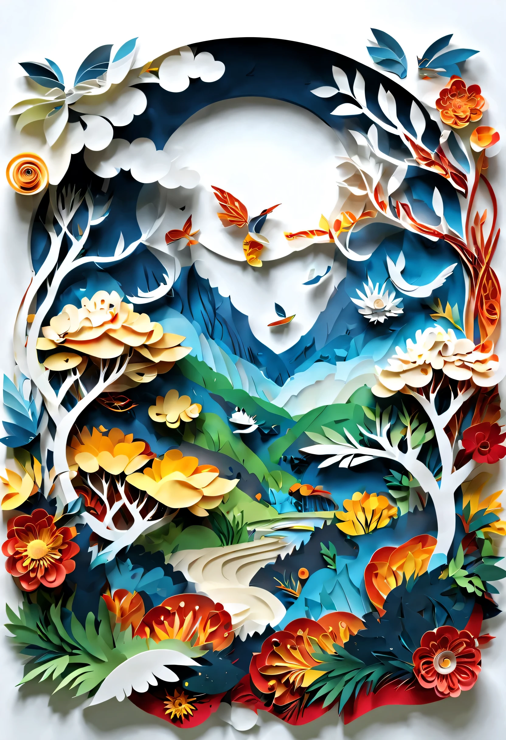 剪paper art术,(Plane paper cutting,paper art,layered paper art,paper quilling, The art of math),pure white background, landscape,(high detail, masterpiece, best quality, ultra high definition)
