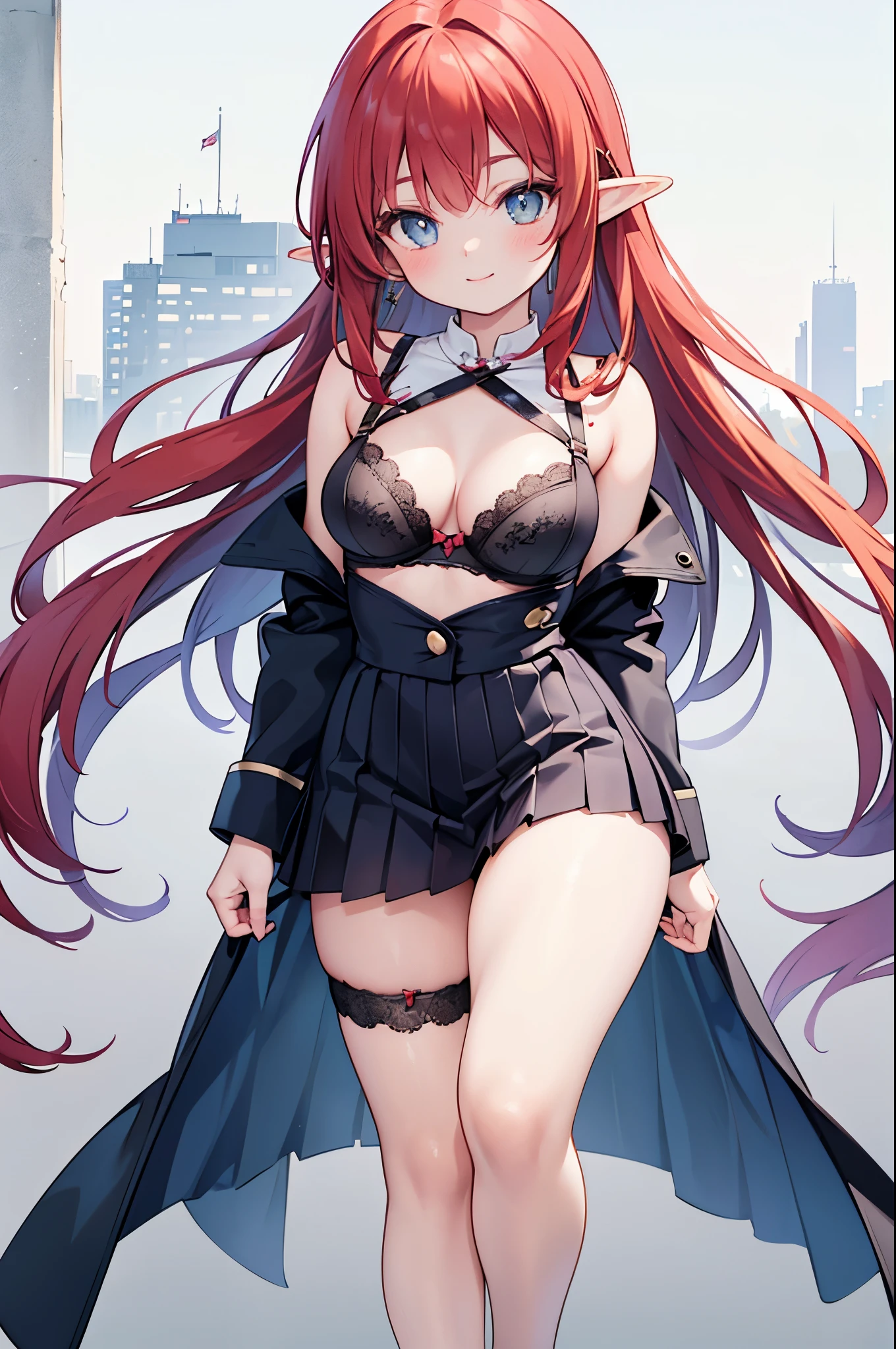 realistic image, coherent image, detailed image, 1 beautiful elf. She has long hair, red hair. Her eyes are green, long eyelashes. Her face is oval and delicate, smiling. She is wearing a lace bra, pleated mini skirt with garters. She has a curvy body, medium breasts, thick thighs. sexy pose. with arms crossed. view of her full body. White background, uniform background. natural lighting, volumetric lighting,