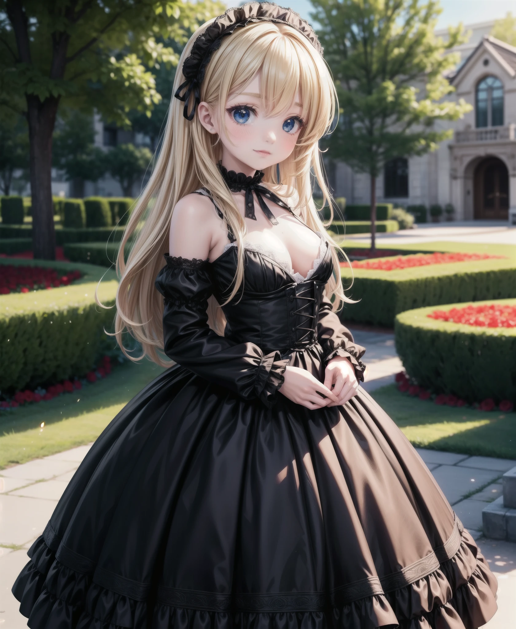 ((Masterpiece)), (Anime:1.5), ((best quality)), (RAW photo: 1.2), (Professional Photography:1.2), 8K, from side, wide shot, (************), ((1girl)), Textured skin, cinematic lighting, 1girl, ((Beautiful Gothic ****ta)), cute innocent young girl, ((hair over one eye)), Slender and small breasts, (long silky blond hair), (gothic ****ta makeup), beautiful hair, smile, (blush), Light particles, in beautiful Fantastic garden, (red roses garden),, 