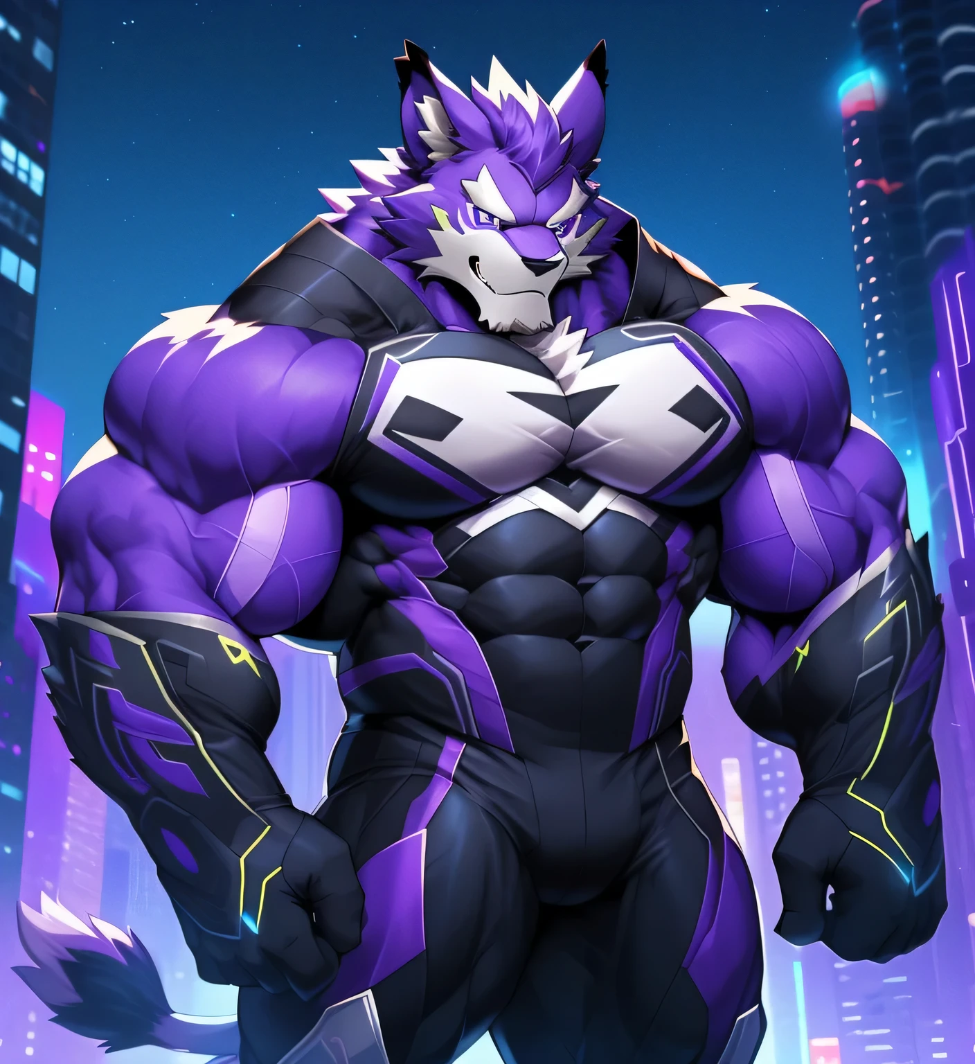 fondo de la ciudad, rascacielos, ciudad futurista, Noche, estrellas, Noche lights, Leomon Gigachad, super hero, hero, mono, massive muscles, enormes pectorales, abdominales cincelados, huge pectorales, Exaggeratedly large muscles. A furry hero whose presence inspires trust and respect. (((His hero costume is black and purple..)))