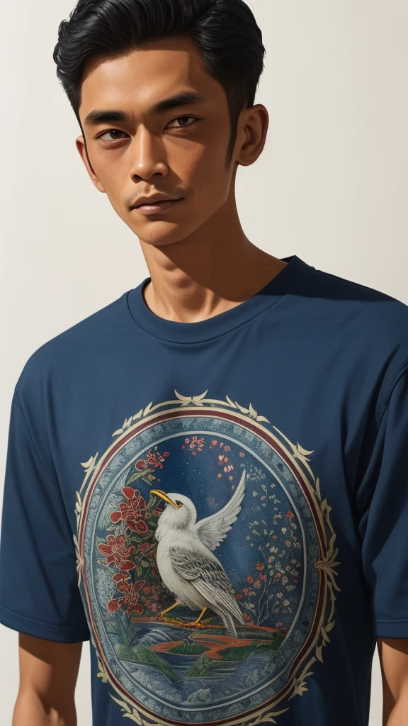 "1 boy solo, a close-up, Japanese vintage art, nostalgic t-shirt design with intricate details and vibrant colors, inspired by traditional ink wash painting and delicate line work."