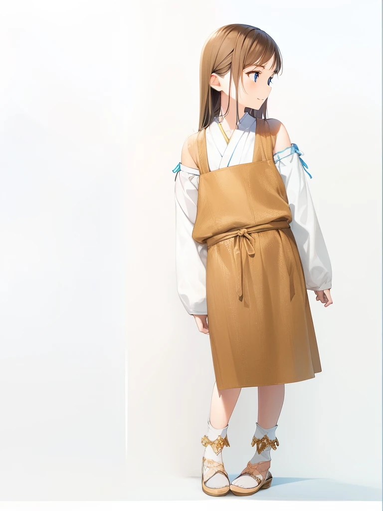 Full-body frontal photo with slight side view，a 10 year old girl，Tall and slender，Shoulder length brown hair，big eyes，straight hair，Stable hairstyle。She has fair skin，gray blue eyes，With a smile on his face。She is wearing a light blue dress，girls clothing， (long skirt to heel, High neck，long sleeve)，Wearing light-colored flat shoes on feet。Her fair skin and exquisite details、Soft tones complement the beauty。This piece showcases an animation style similar to Hayao Miyazaki&#39;s Studio Ghibli，Created by the famous Japanese director Hayao Miyazaki，And present high-quality rendering effects。