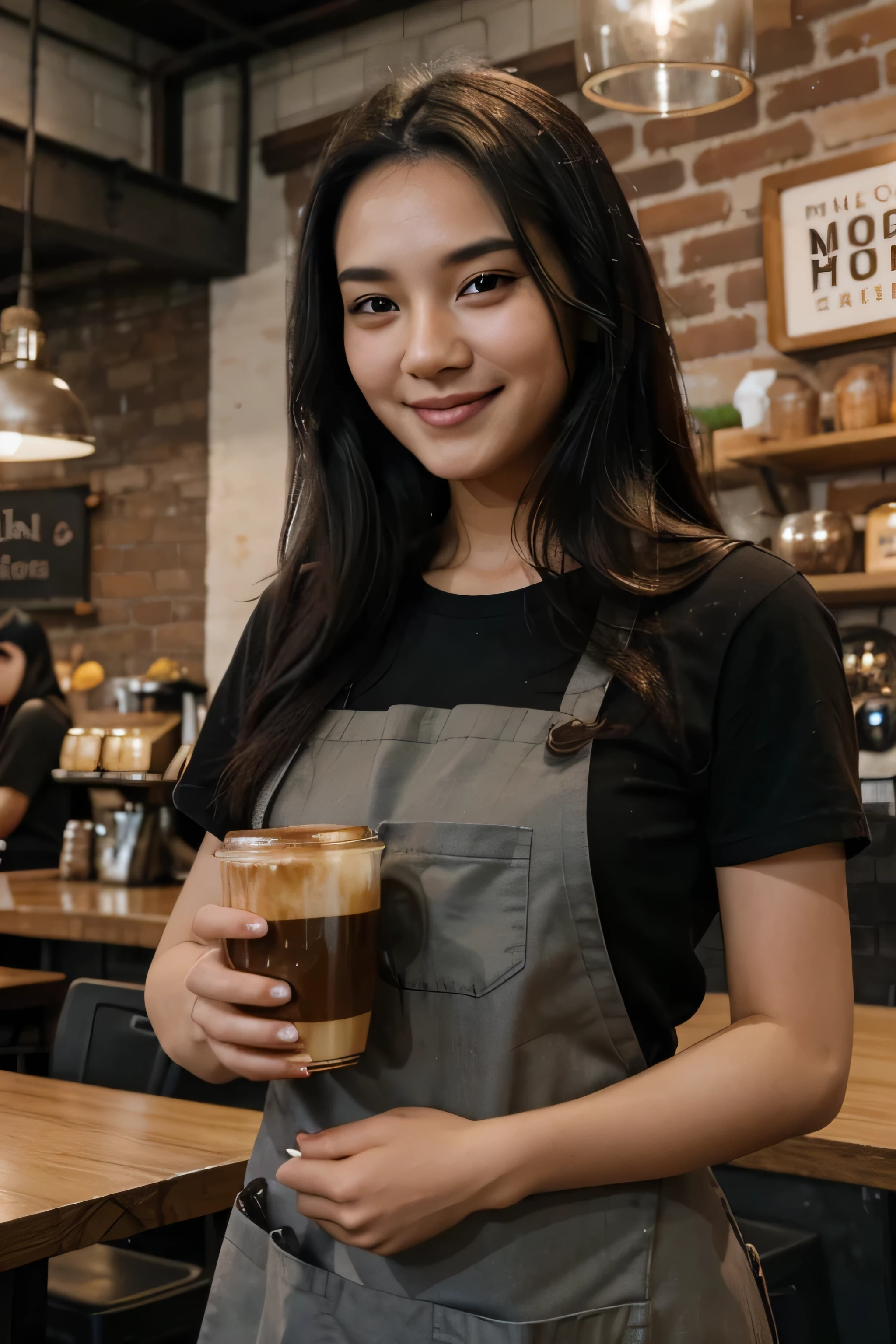 beautiful asia woman in his 20s with long black hair, looking camera and smiling, wearing a black shirt and brown apron, carrying a cup of coffee with two hand, with blurry industrial coffee shop interior