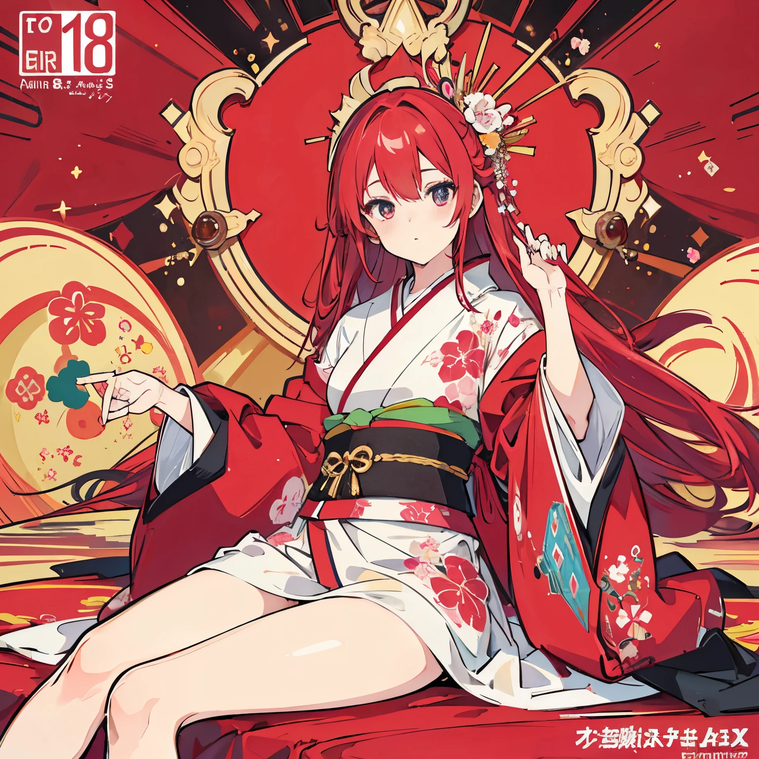 ((8K resolution))、((highest quality))、((masterpiece))、((Super detailed)) highest quality, masterpiece, 1 girl, alone, lie、spread your legs、naked、beautiful and detailed eyes, exquisite beauty, lively、red、pink、kimono、temporarily stop、front、colorful、dynamic、With background、element、have confidence、Be expressive、poster、cover、movie、pixiv Tachi- e(magazine:1.3)、(cover style:1.3)
