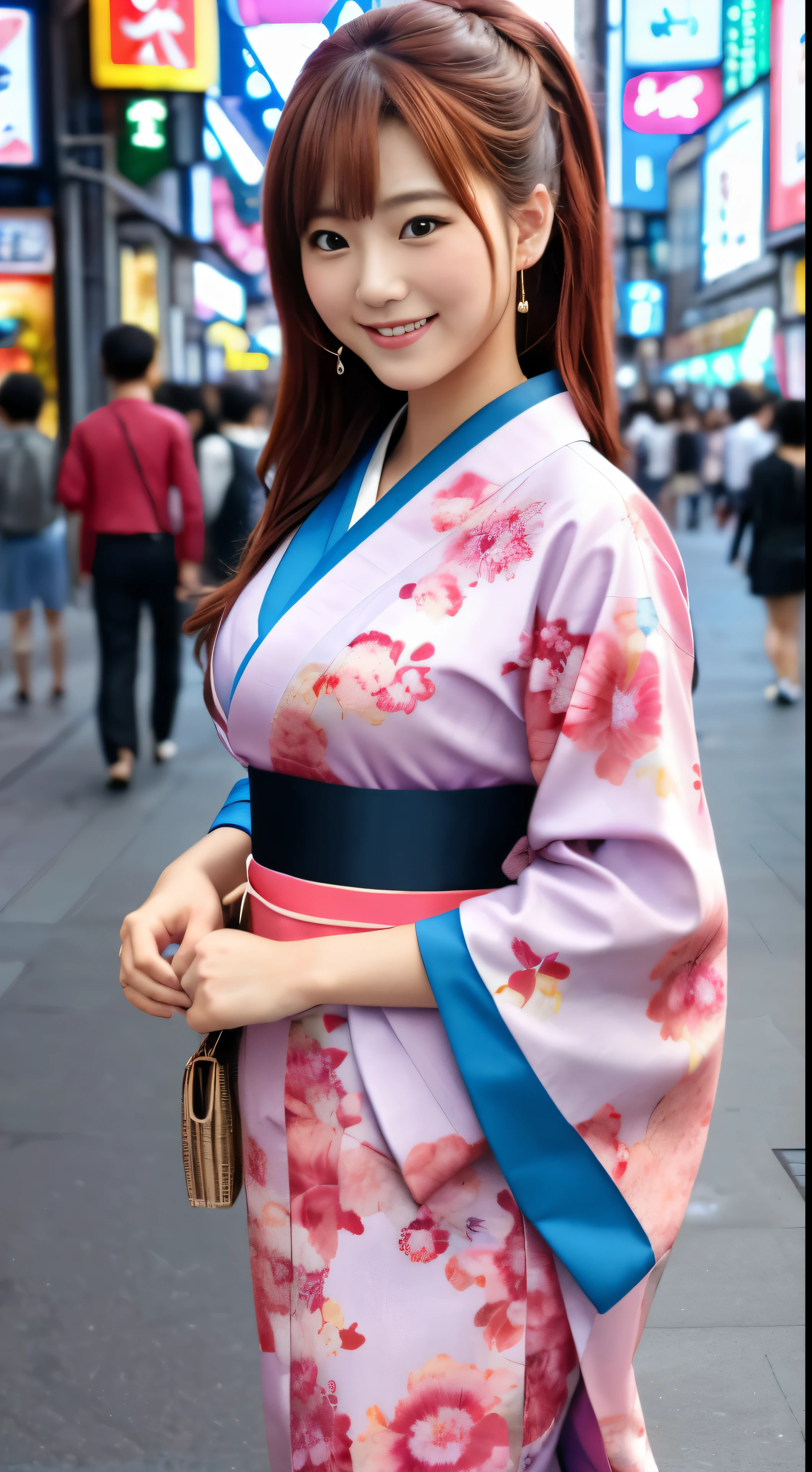 ((Masterpiece))、((Highest image quality))、((High resolution))、((High Definition CGUnity 8k Wallpapers))、solo,
A beautiful girl dressed in a pink floral kimono with a blue band,
Standing outdoors, the lively area of Dotonbori serving as the background,
Detailed facial features, chestnut hair,
Smiling at the camera with a high resolution image.