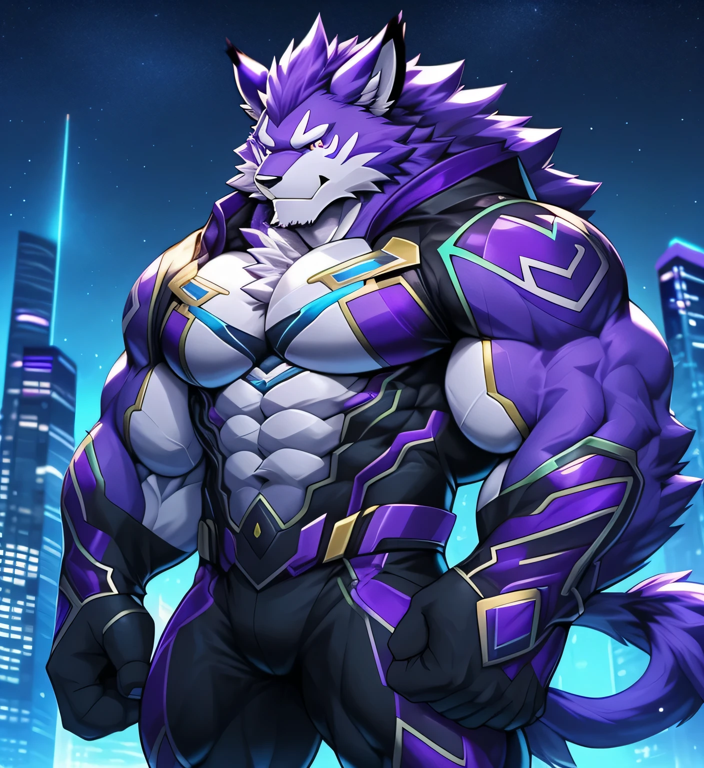 fondo de la ciudad, rascacielos, ciudad futurista, Noche, estrellas, Noche lights, Leomon Gigachad, super hero, hero, mono, massive muscles, enormes pectorales, abdominales cincelados, huge pectorales, Exaggeratedly large muscles. A furry hero whose presence inspires trust and respect. (((His hero costume is black and purple..)))