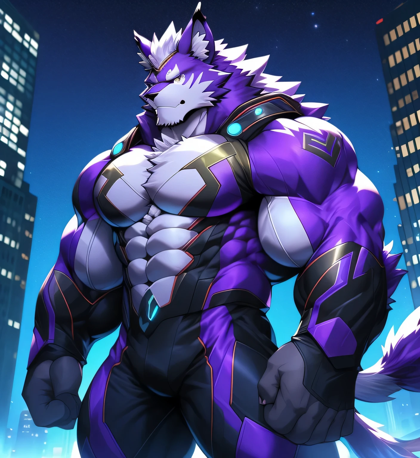fondo de la ciudad, rascacielos, ciudad futurista, Noche, estrellas, Noche lights, Leomon Gigachad, super hero, hero, mono, massive muscles, enormes pectorales, abdominales cincelados, huge pectorales, Exaggeratedly large muscles. A furry hero whose presence inspires trust and respect. (((His hero costume is black and purple..)))
