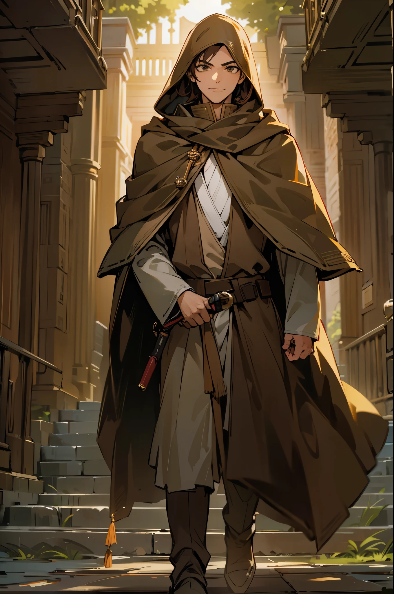 1male, Teen, Brown Hair, Short Hair, Hazel Eyes, Jedi Clothing, Brown Cloak, Jedi Temple, Walking on Path, Smirk, Bright, Masterpiece Quality, Perfect Generation
