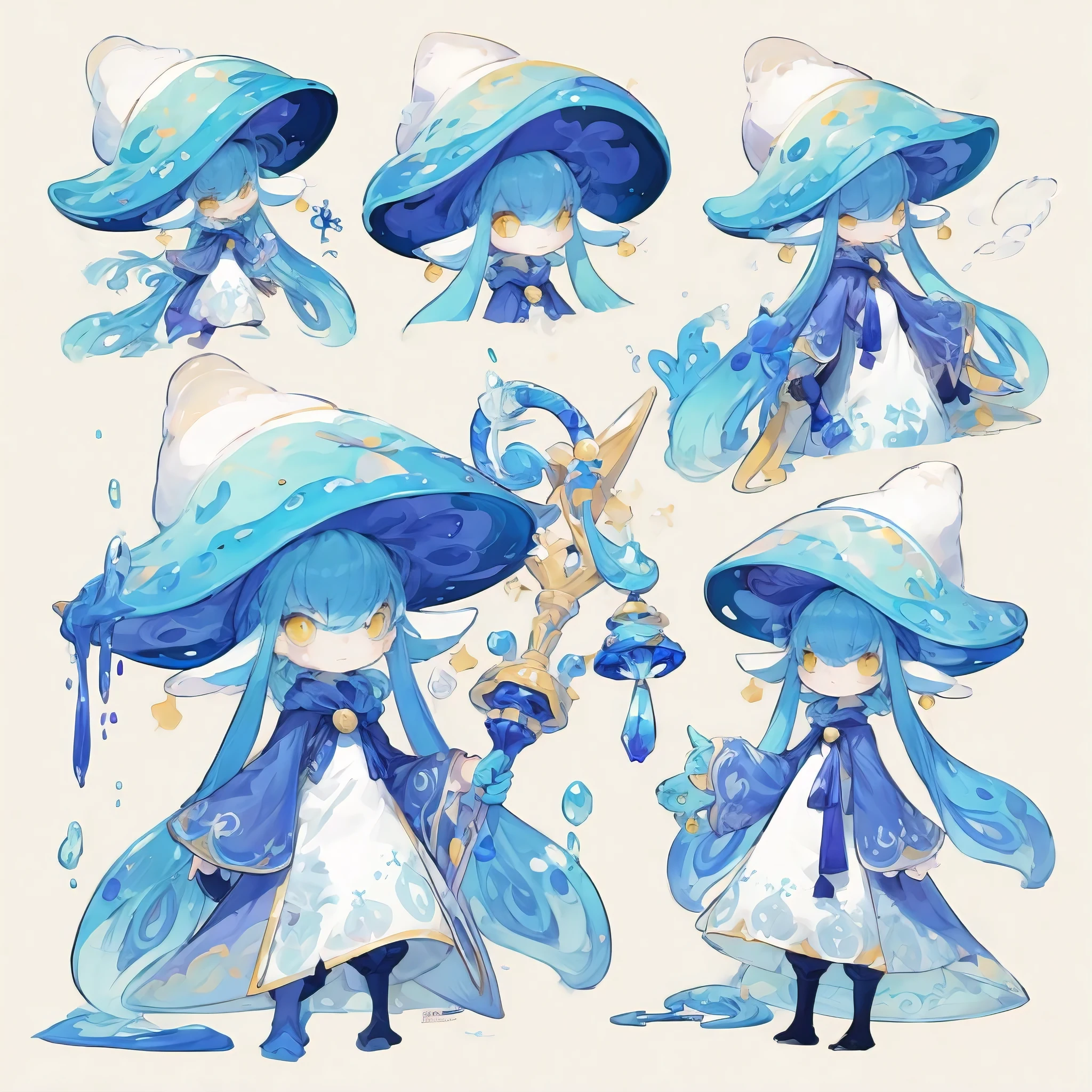 vibrant jellyfish girl, cartoon wakfu style, character sheet, character design, concept art, detailed, 3 to 5 poses and angles, best quality, white background, 32k uhd