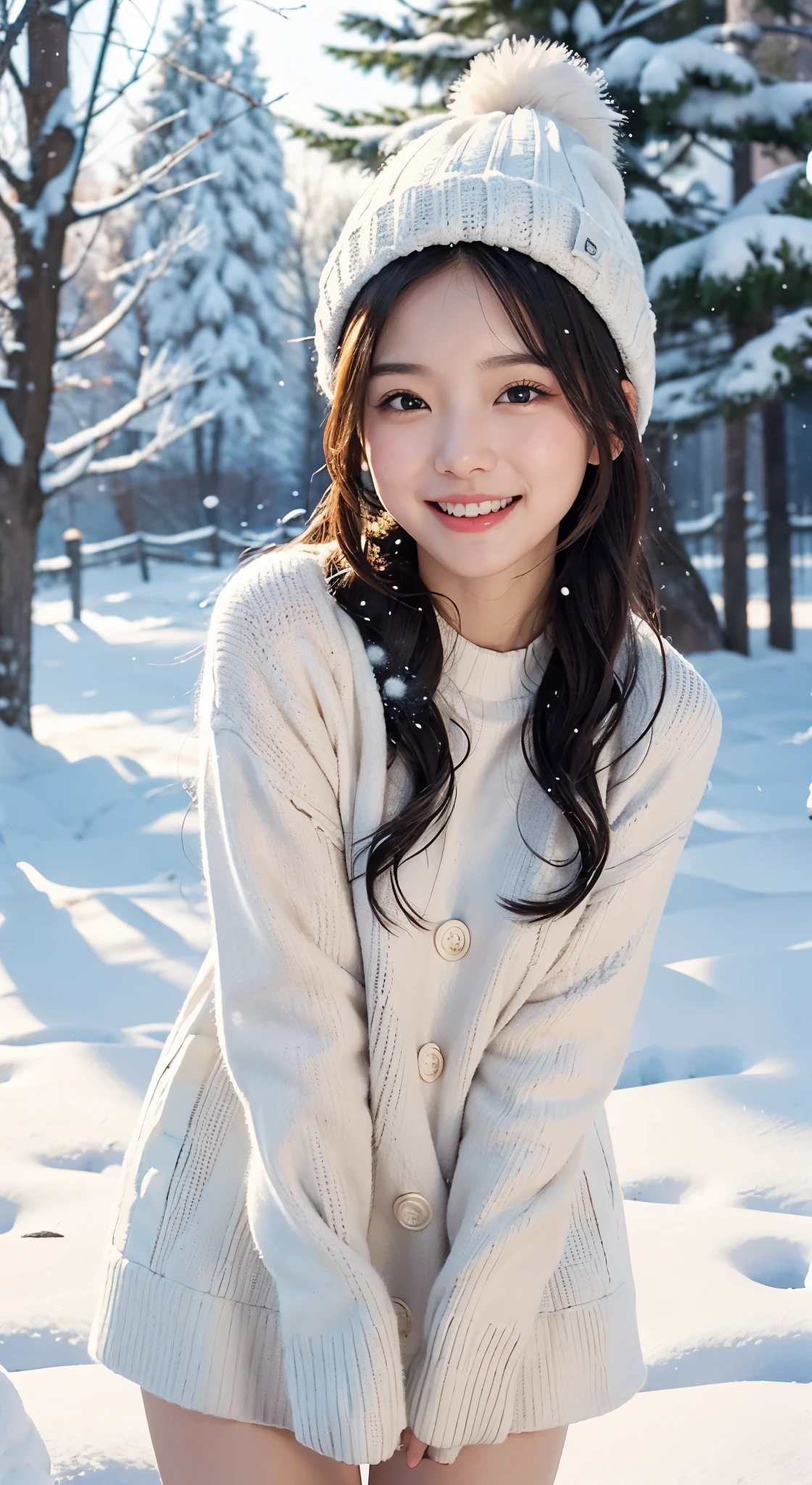 (Photographed by my boyfriend)、((No clothes))、cold、I'm so embarrassed、order an embarrassing pose、((front view))、(highest quality、masterpiece)、NSFW、Stylish nudity、blush、Life、8k、ribbon hair ornament、looking at the viewer、wavy hair、laughter、open your mouth and smile、smile、Good atmosphere on site、with a 17 year old girl, snow scene, winter wonderland, cute and innocent look, rosy cheeks, sparkling eyes, woolen hat、Pose with movement、footsteps in the snow, falling snowflakes, frosty tree, snow ground, soft snow texture, gentle and delicate lighting, pastel color palette, dreamy atmosphere, quirky and magical, 高解像度のmasterpiece:1.2, Super detailed, realistic:1.37, bright colors, Bokeh、無邪気なsmile、hair blowing in the wind、close up of face、Smiling、