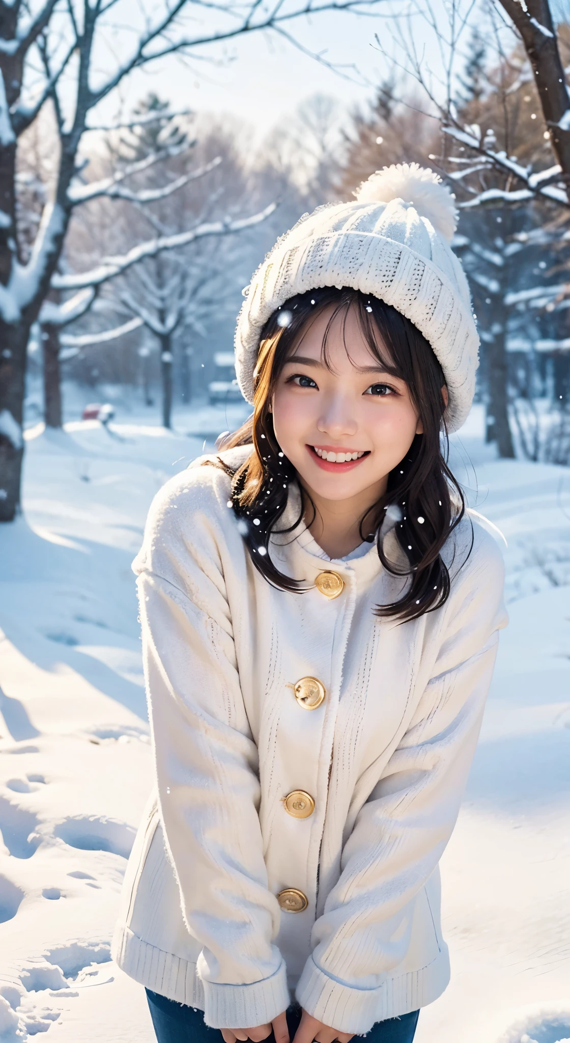 (Photographed by my boyfriend)、((No clothes))、cold、I'm so embarrassed、order an embarrassing pose、((front view))、(highest quality、masterpiece)、NSFW、Stylish nudity、blush、Life、8k、ribbon hair ornament、looking at the viewer、wavy hair、laughter、open your mouth and smile、smile、Good atmosphere on site、with a 17 year old girl, snow scene, winter wonderland, cute and innocent look, rosy cheeks, sparkling eyes, woolen hat、Pose with movement、footsteps in the snow, falling snowflakes, frosty tree, snow ground, soft snow texture, gentle and delicate lighting, pastel color palette, dreamy atmosphere, quirky and magical, 高解像度のmasterpiece:1.2, Super detailed, realistic:1.37, bright colors, Bokeh、無邪気なsmile、hair blowing in the wind、close up of face、Smiling、