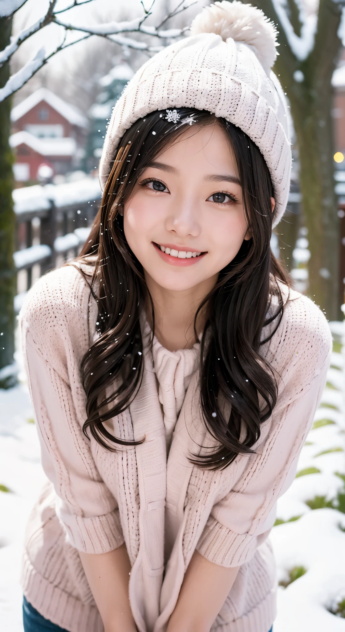 (Photographed by my boyfriend)、((No clothes))、cold、I'm so embarrassed、order an embarrassing pose、((front view))、(highest quality、masterpiece)、NSFW、Stylish nudity、blush、Life、8k、ribbon hair ornament、looking at the viewer、wavy hair、laughter、open your mouth and smile、smile、Good atmosphere on site、with a 17 year old girl, snow scene, winter wonderland, cute and innocent look, rosy cheeks, sparkling eyes, woolen hat、Pose with movement、footsteps in the snow, falling snowflakes, frosty tree, snow ground, soft snow texture, gentle and delicate lighting, pastel color palette, dreamy atmosphere, quirky and magical, 高解像度のmasterpiece:1.2, Super detailed, realistic:1.37, bright colors, Bokeh、無邪気なsmile、hair blowing in the wind、close up of face、Smiling、