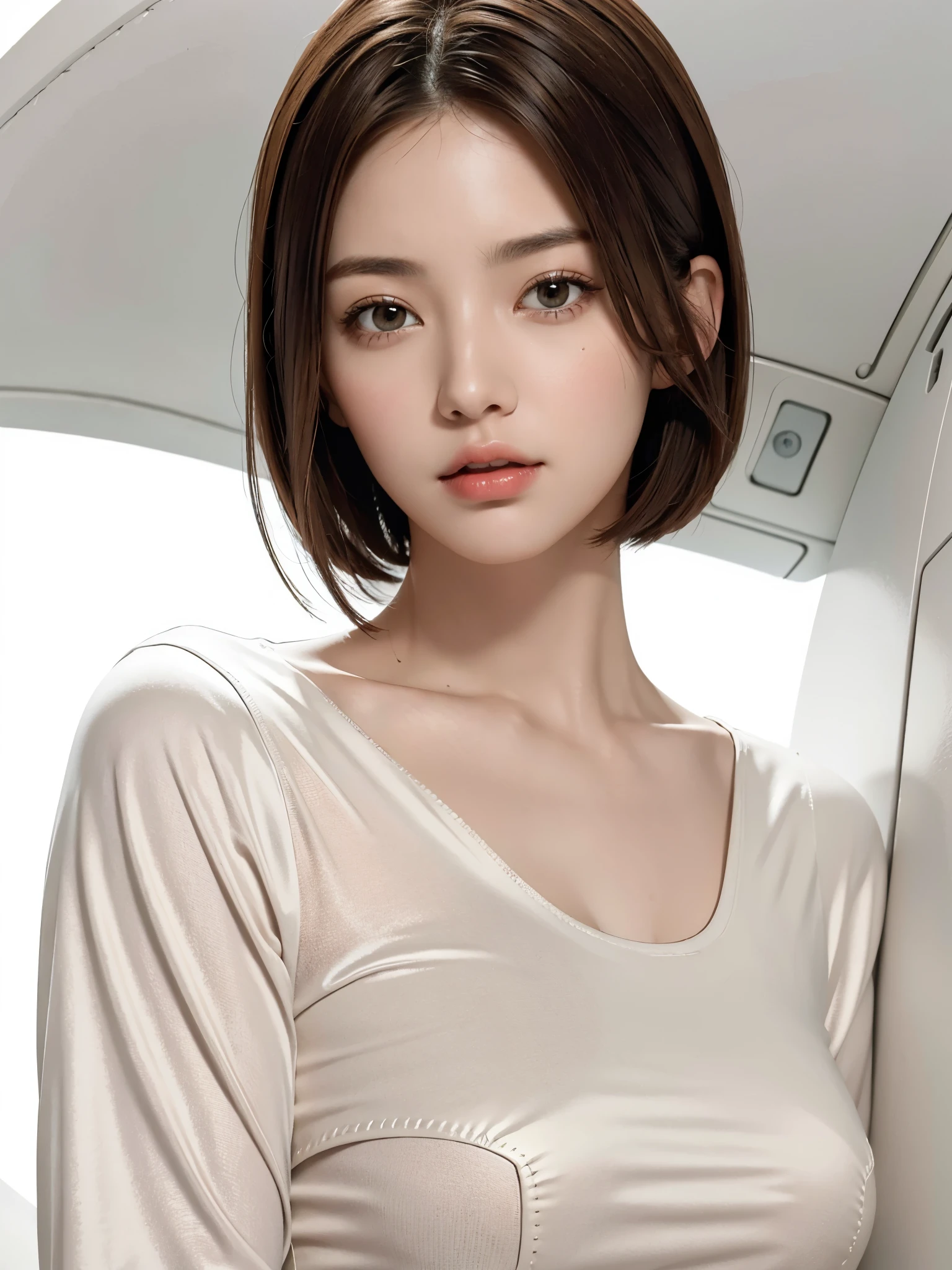 ((highest quality)), ((masterpiece)), (be familiar with), perfect face,
Short-haired, small-breasted flight attendant,44 years old,Around 50,slender body,height 160cm,Shooting without an airplane