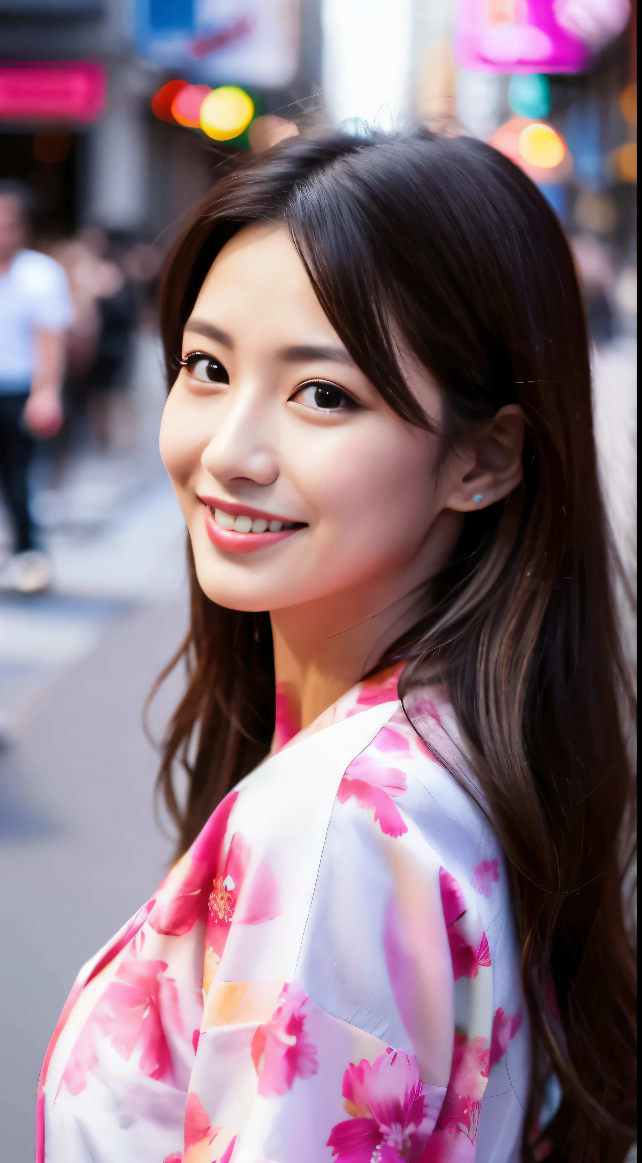 ((Masterpiece))、((Highest image quality))、((High resolution))、((High Definition CGUnity 8k Wallpapers))、solo, A beautiful girl dressed in a pink floral kimono with a blue band, Standing outdoors, the lively area of Dotonbori serving as the background, Detailed facial features, chestnut hair, Smiling at the camera with a high resolution image.