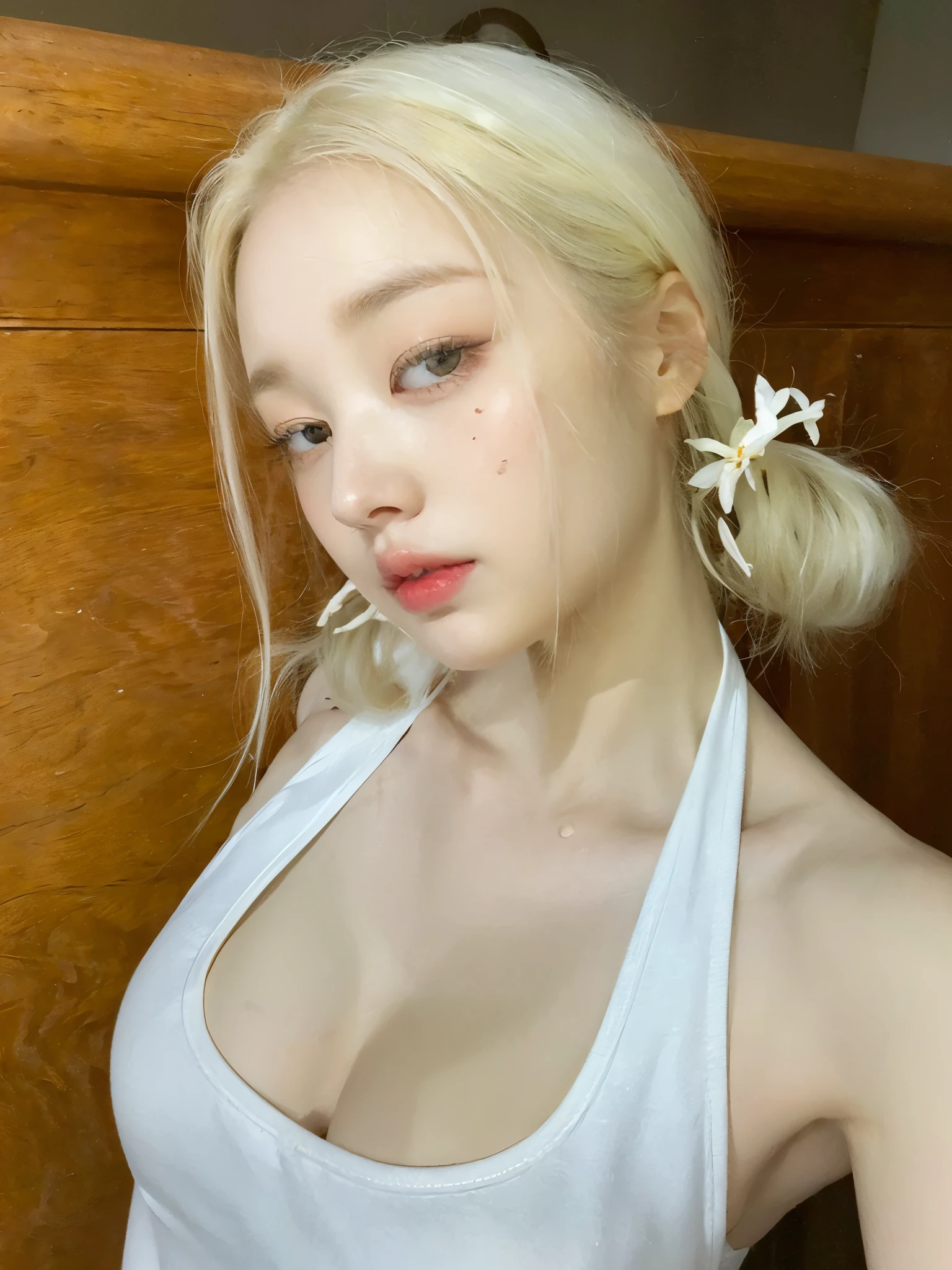 Mujer rubia con un top blanco y una flor blanca en el pelo., yelena belova, pale, shiny skin, pale and light skin!!, with pale skin, very very pale blonde hair, retrato de kim petras, pale ivory skin, ava max, cara como ester exposito, pale white skin, extremely pale blonde hair, pale skin curly blonde hair