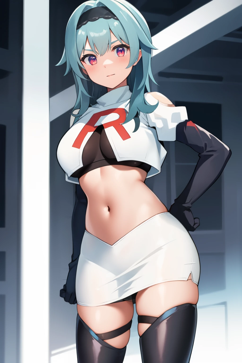 1girl, solo, euladef, large breasts, thighs, team rocket,team rocket uniform,white skirt,red letter R,crop top,black thigh-highs,black elbow gloves,