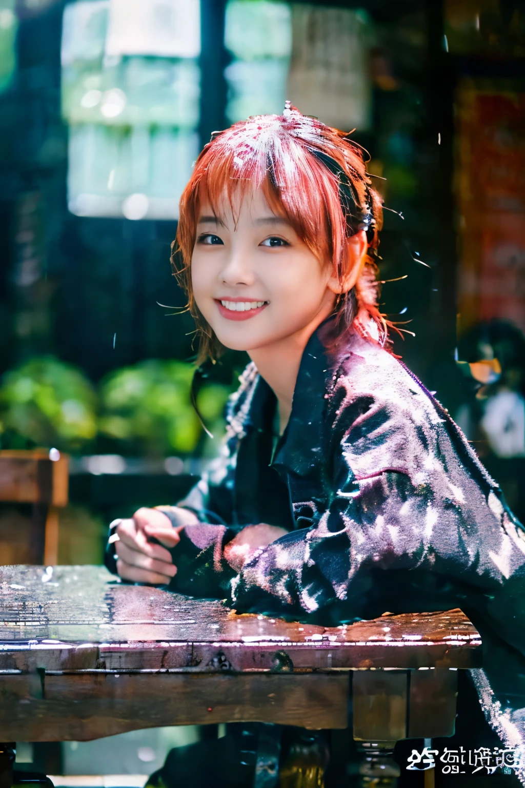 detailed, real photos, high resolution, 8k, solo girl,very heavy rain,back alley at night,Soaking wet tomboy,earrings,punk rock fashion,open jacket with chain,punk rock shirt,punk rock pants with chain,chain accessories,choker,(My whole body is soaked,Rainwater dripping from the face,wet face,wet hair,wet and shiny skin,Soaking wet costume,),(Shining silver and orange hair,short ponytail),(Composition of the princess's face,Big eyes,pointed lips,red lipstick,cute round face,A smile that makes people happy,恥ずかしさでblushする,blush,),bold sexy pose,Digital single-lens reflex camera,(8K quality,table top,highest quality,Ultra high resolution output image,),intricate details,(High-definition raw photos:1.3),(Image mode Ultra HD),squat, bold sexy pose,Digital single-lens reflex camera,(8K quality,table top,highest quality,Ultra high resolution output image,),intricate details,(High-definition raw photos:1.3),(Image mode Ultra HD),squat