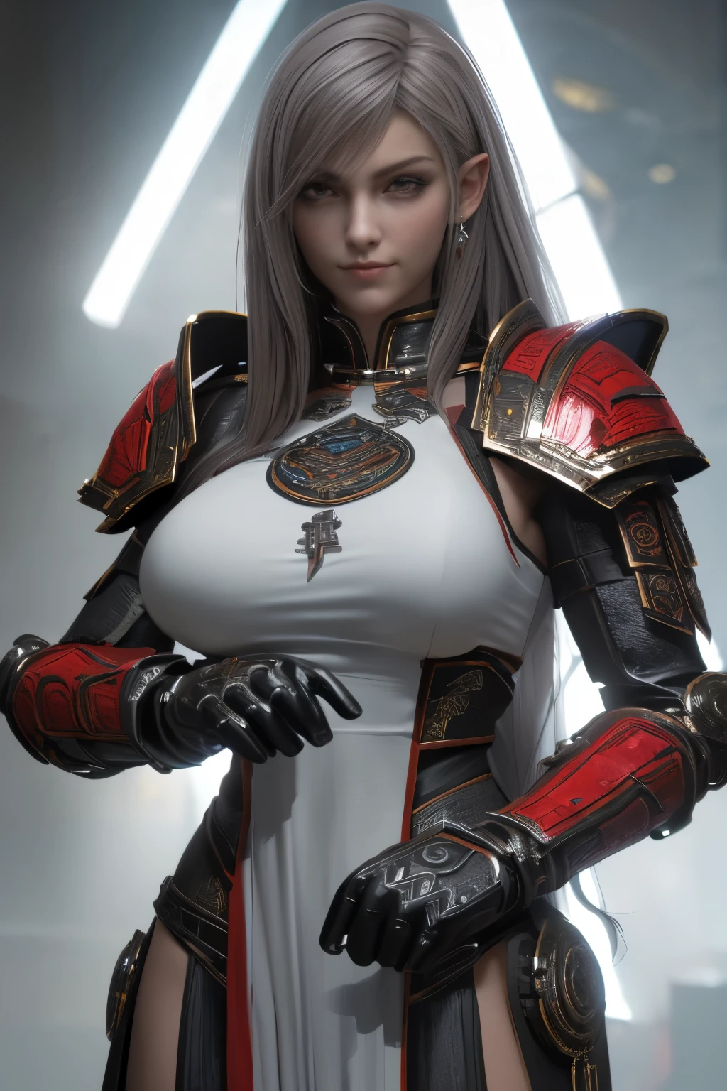 Masterpiece,Game art,The best picture quality,Highest resolution,8K,(Portrait),Unreal Engine 5 rendering works,(Digital Photography),((Portrait Feature:1.5)),
20 year old girl,Short hair details,With long bangs,(The red eye makeup is very meticulous),(With long gray hair:1.4),(Large, full breasts),Elegant and noble,Brave and charming,
(Future armor combined with the characteristics of ancient Chinese armor,Hollow design,Power Armor,The mysterious Eastern runes,A delicate dress pattern,A flash of magic,White),Warrior of the future,Cyberpunk figures,Background of war,
Movie lights,Ray tracing,Game CG,((3D Unreal Engine)),OC rendering reflection pattern