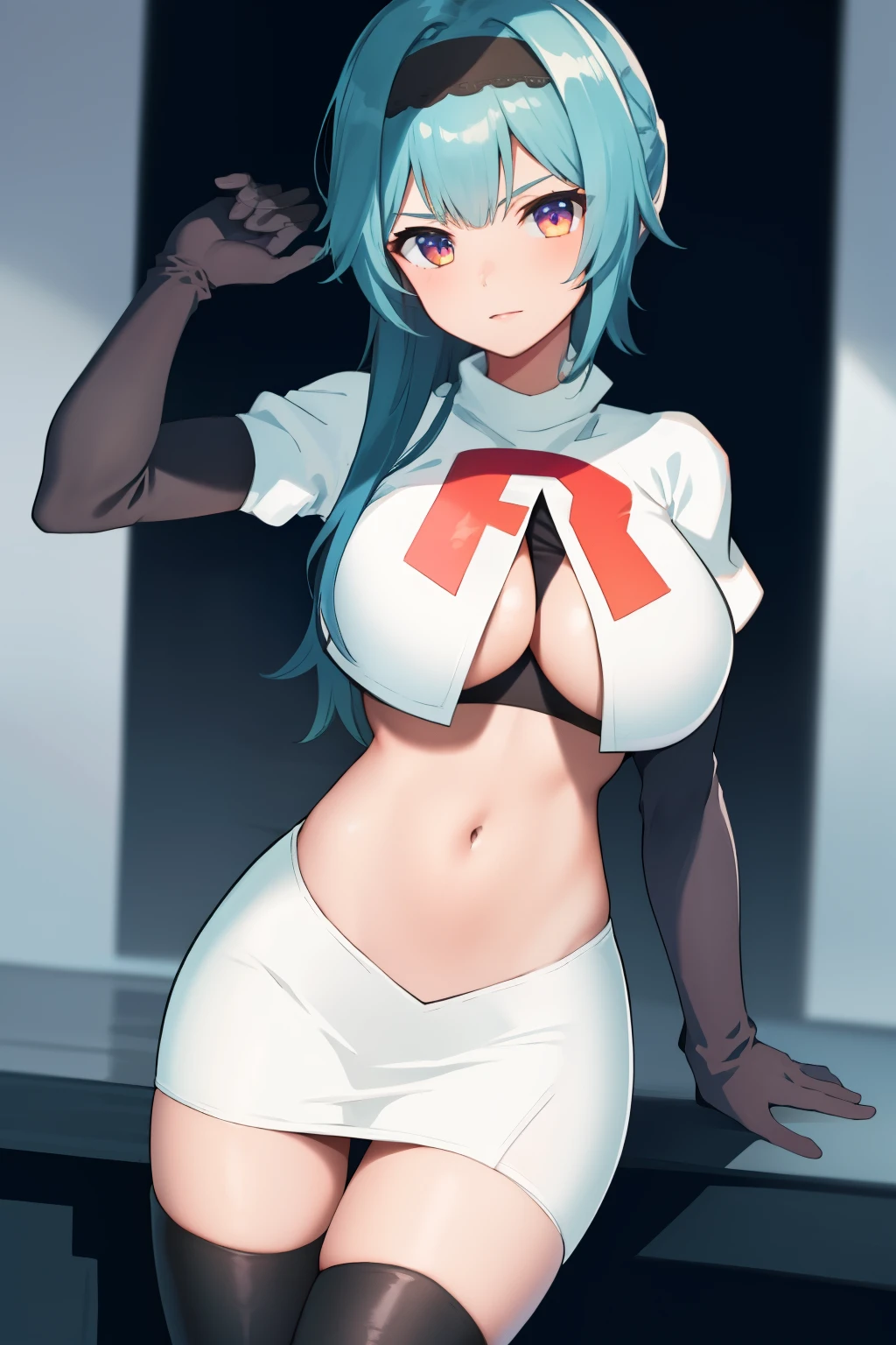 1girl, solo, euladef, large breasts, thighs, team rocket,team rocket uniform,white skirt,red letter R,crop top,black thigh-highs,black elbow gloves,