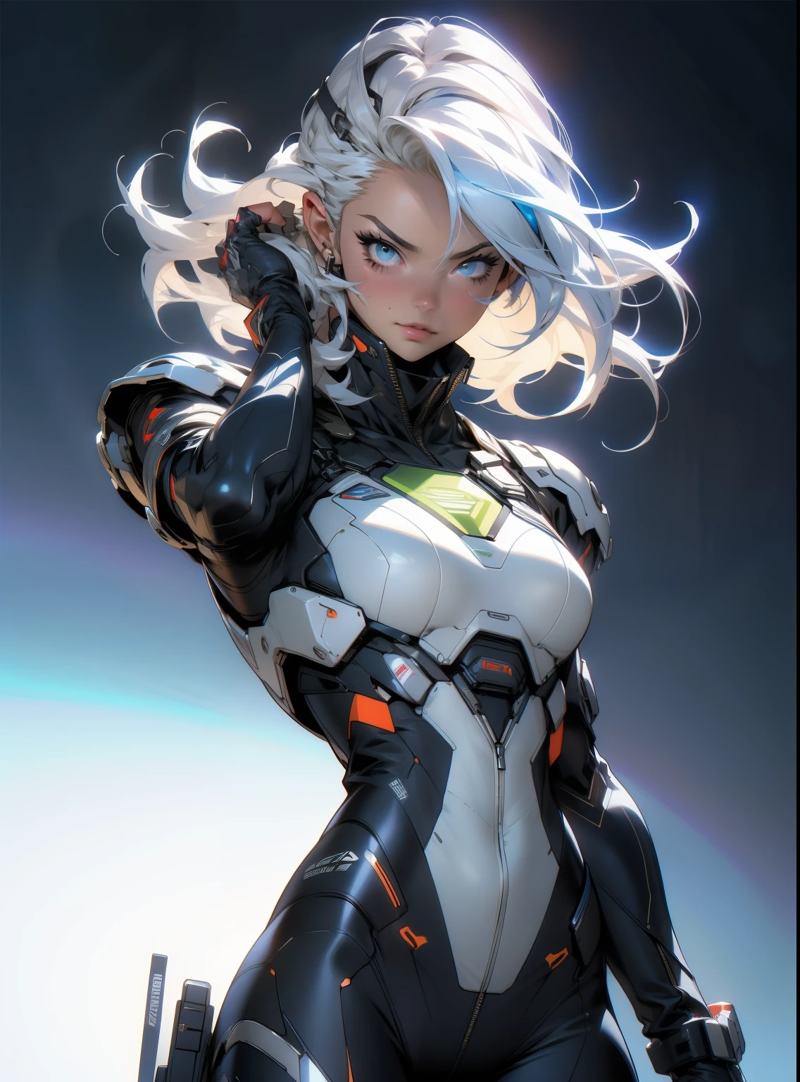 (((adult woman))), ((Best quality)), ((masterpiece)), (detailed: 1.4), (Absurd), warrior muscular adult woman of 35 years with micro thong in the style of Simon Bisley, perfect body, bare thighs, neckline, large breasts, blue 2-piece clothing, almost naked, long white hair, tattoo on the arms, cybernetic hand, pastel, centered, scale to fit the dimensions, HDR (High Dynamic Range), Ray Tracing,NVIDIA RTX,Super-Resolution,Unreal 5,Subsurface Dispersion, PBR Texture, Post-processing, Anisotropic Filtering, Depth of field, Maximum clarity and sharpness, Multilayer textures, Albedo and specular maps, Surface shading, Accurate simulation of light-material interaction, Perfect proportions, Octane Render, Two-tone lighting, Wide aperture, Low ISO, White balance, Rule of thirds, 8K RAW