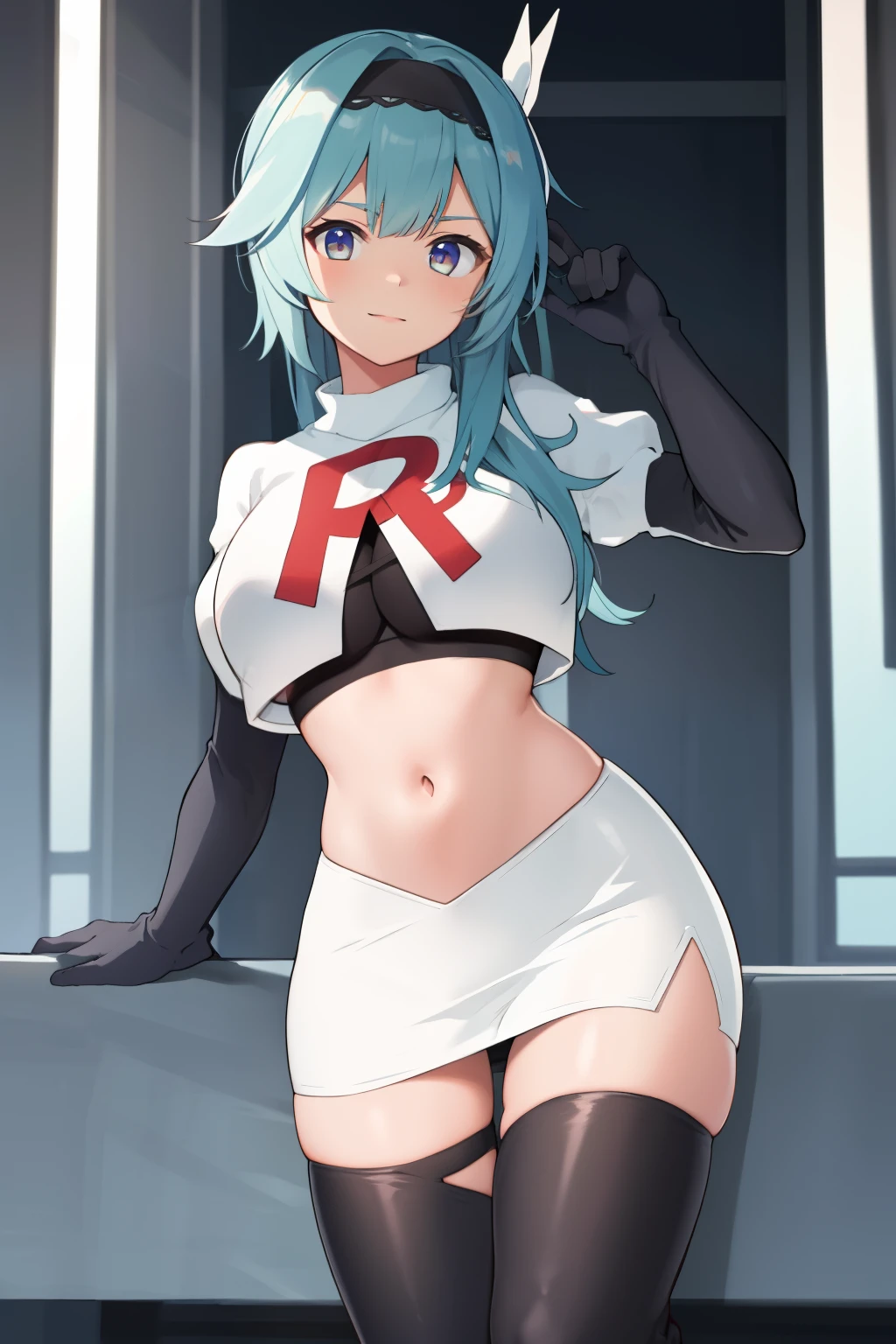 1girl, solo, euladef, large breasts, thighs, team rocket,team rocket uniform,white skirt,red letter R,crop top,black thigh-highs,black elbow gloves,