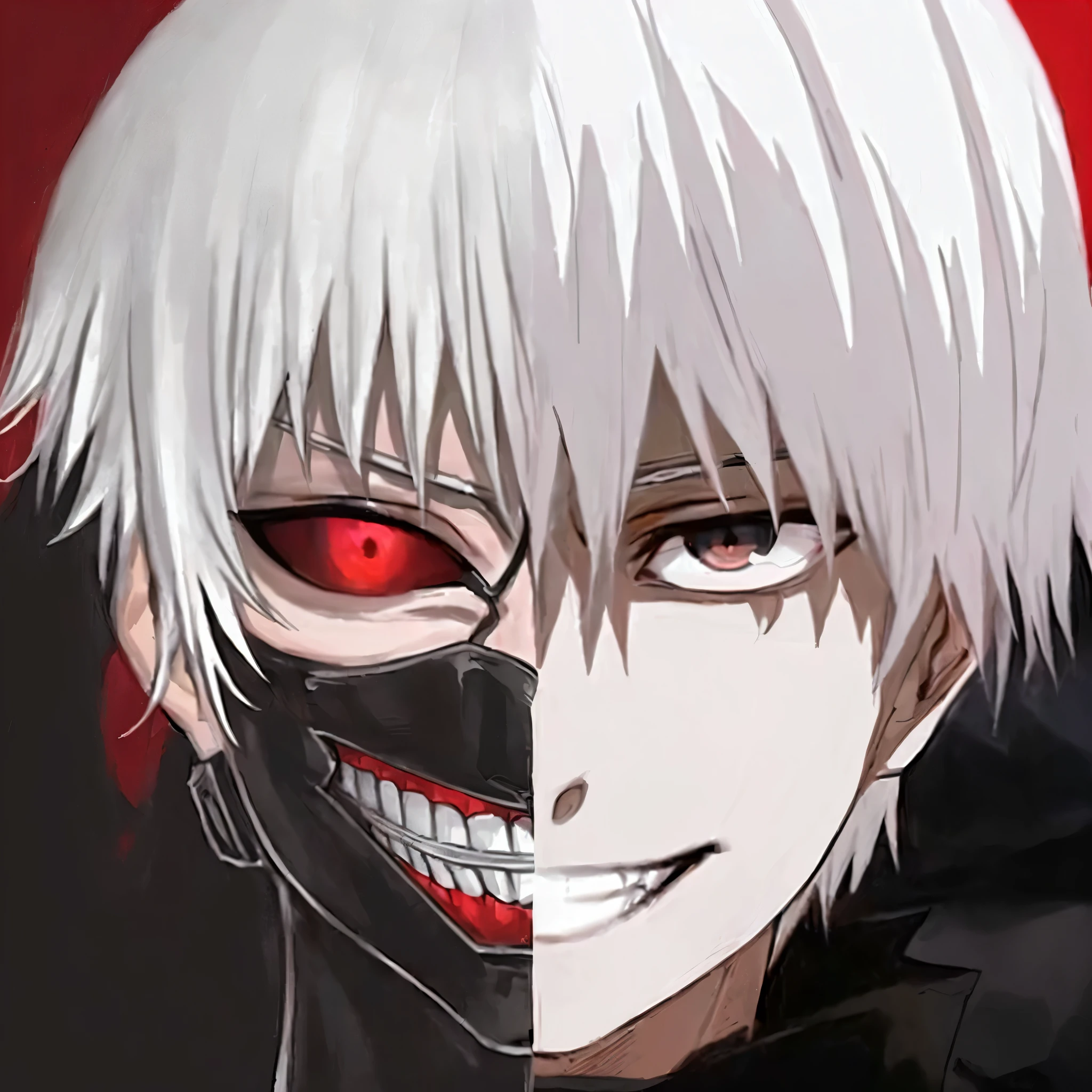 kk, best quality, more details, masterpiece, 1 boy, Kaneki Ken, male role, man, 8K,SD 2.5,comics,Japanese comics《Tokyo Ghoul》主角Kaneki Ken,Handsome man with white hair,One side of face is cold,One side of the face is darkened,Wears a black half-mask,red pupils,evil smile,handsome face,close up,full painting style,Two dimensions,fine face,Original picture,white hair, luxury, 8k, detailed, Ray tracing, depth of field, light,