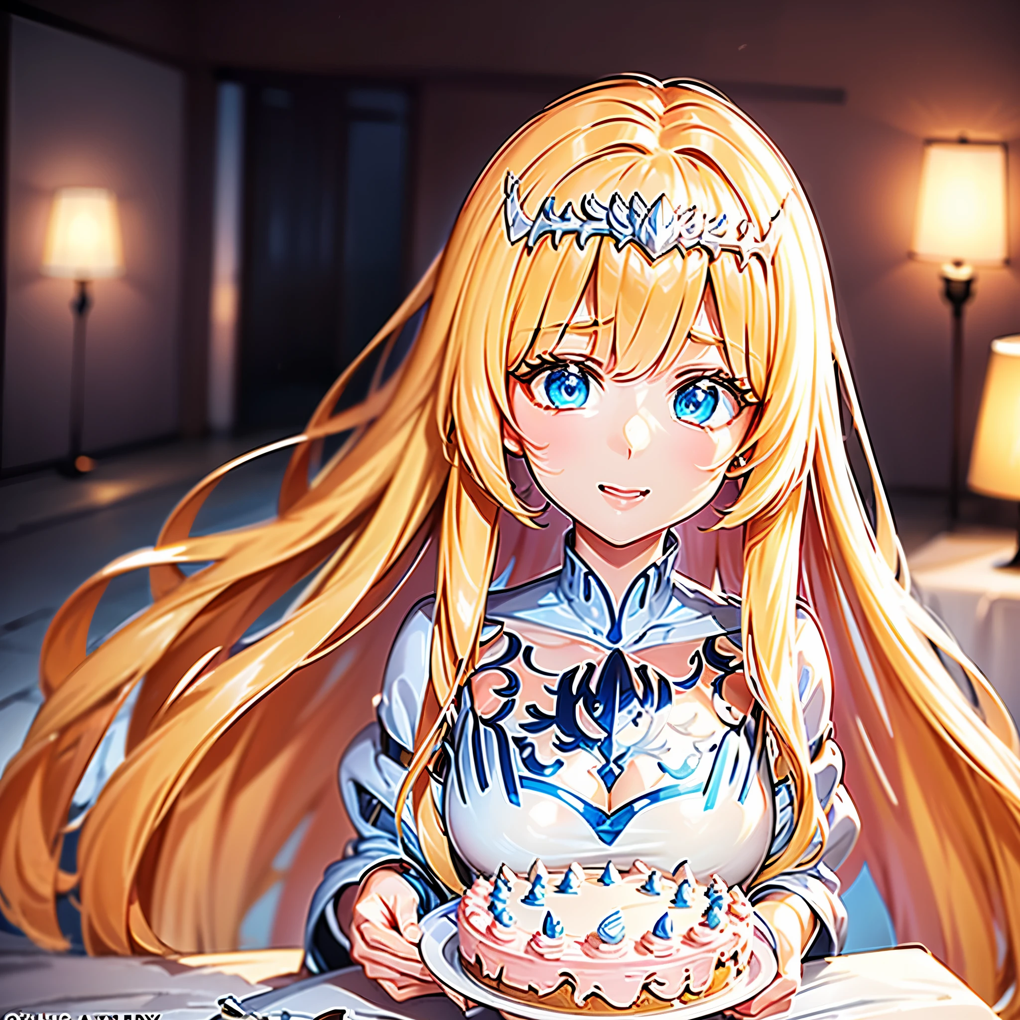 a cute girl ,(holding a birthday cake),(domineering lighting),(soft focus filter),(depth of field):(cute girl:1.2),(birthday cake:1.4).  1girl, Calca, blonde hair, extremely long hair, white tiara, tiara on her head, white dress, blue eyes, medium breasts