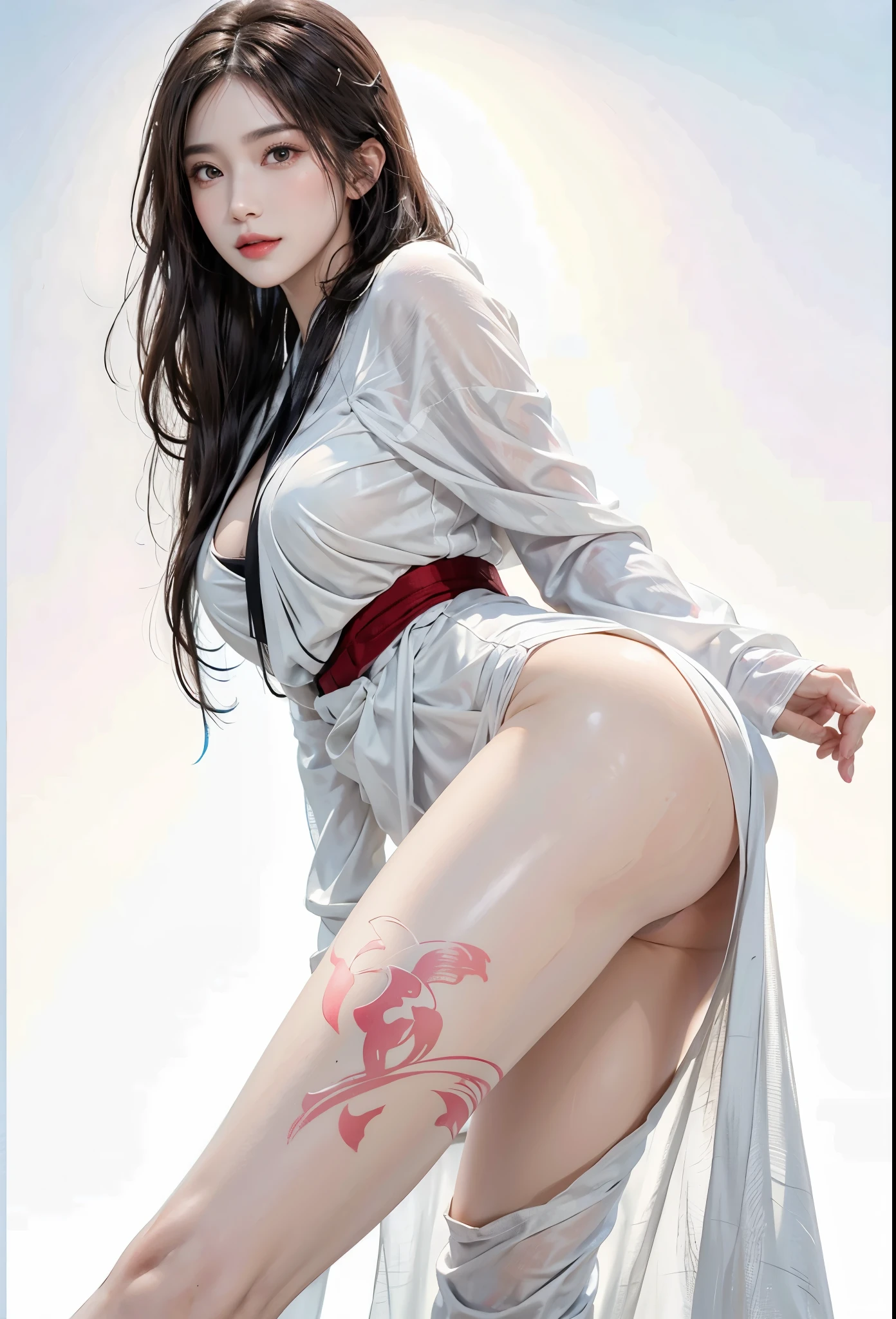 lifelike, high resolution, soft light,1 lady, alone, up, shiny skin, (Detailed face),tattoo, jewelry, winter hanfu, Cloak, snow, night, curls, beautiful soldier, Attract the audience's attention, Lover's perspective, invitation emoticon, sexy smi perfect style, perfect balance, Delicate skin, mischievous glance, breasts vis