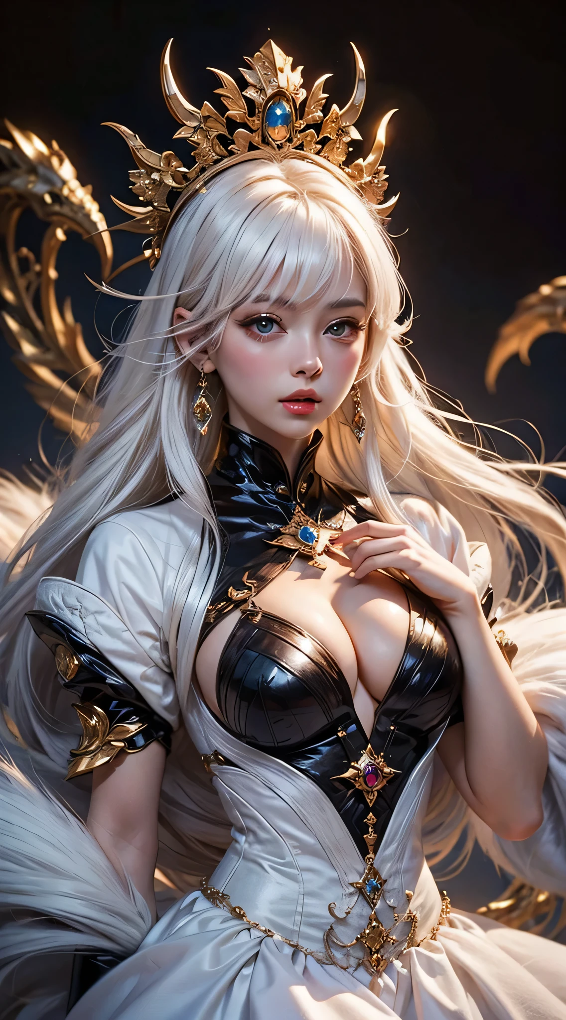 White nine-tailed dragon girl、(pure white hair)、((big hair))、double eyelid、perfect body shape、nice face、perfect skin、brown eyes、spirit princess、white period、
