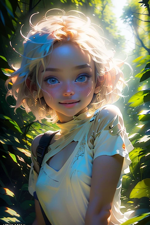 Beautiful girl, (((((small)))), showing face, tongue hanging out, short hair, brown, 8K, Professional photography, gentle, transparent, In the forest, Sun, Light leak, Masterpiece, (Beautiful)))), (reality)))), smile, fantasy, an angel, young