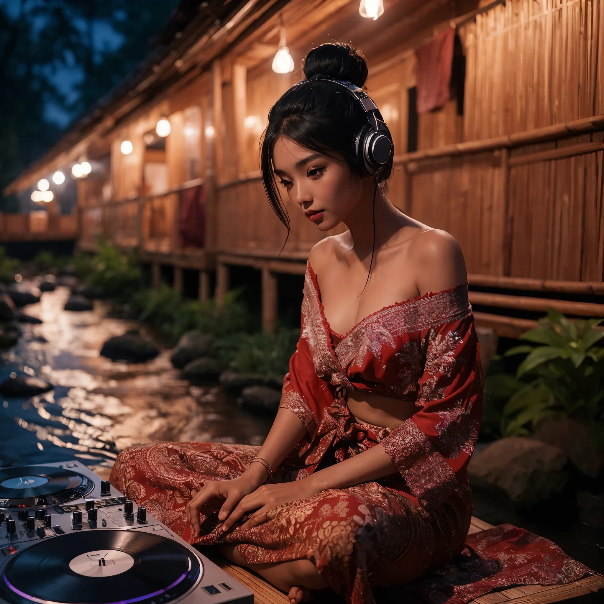 (Ultra-detailed eyes), ((very sharp photo result & detailed face)) (((textile shading))), (((Best Quality))), (((masterpiece))), (((Ultra-detailed CG))) ((striking a pose)) At night, naturally beautiful Indonesian Javanese girl 25 years old, details of her sweet black face, moist shiny skin, hair tied in a bun, wearing a red kebaya, open shoulder, and short batik sarong, enjoying remix music in front of the DJ turntable, wearing a headset, barefoot sitting at the front door of his house, the house is made of bamboo booths, in front of the kitchen flows a small clear river, a natural clear rocky river. realistic photo. hyper realistic, good anatomy, correct fingers structured, taken with Fujifilm XF camera 56mm f/1.2 R Lens. HDR10 8K