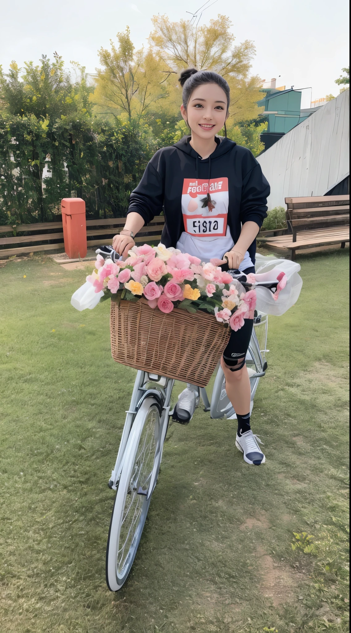 there is a woman that is standing next to a bike There are flowers in it, Have a great time, have fun, There are flowers, photo shoot, full functioning, Renovation completed, 骑bike, bring flowers, photo shoot, 每個人都have fun, bike, snapshot photo, Profile picture, beautiful girl, Shanzhai Core!! fitness body, facial photo, comic style