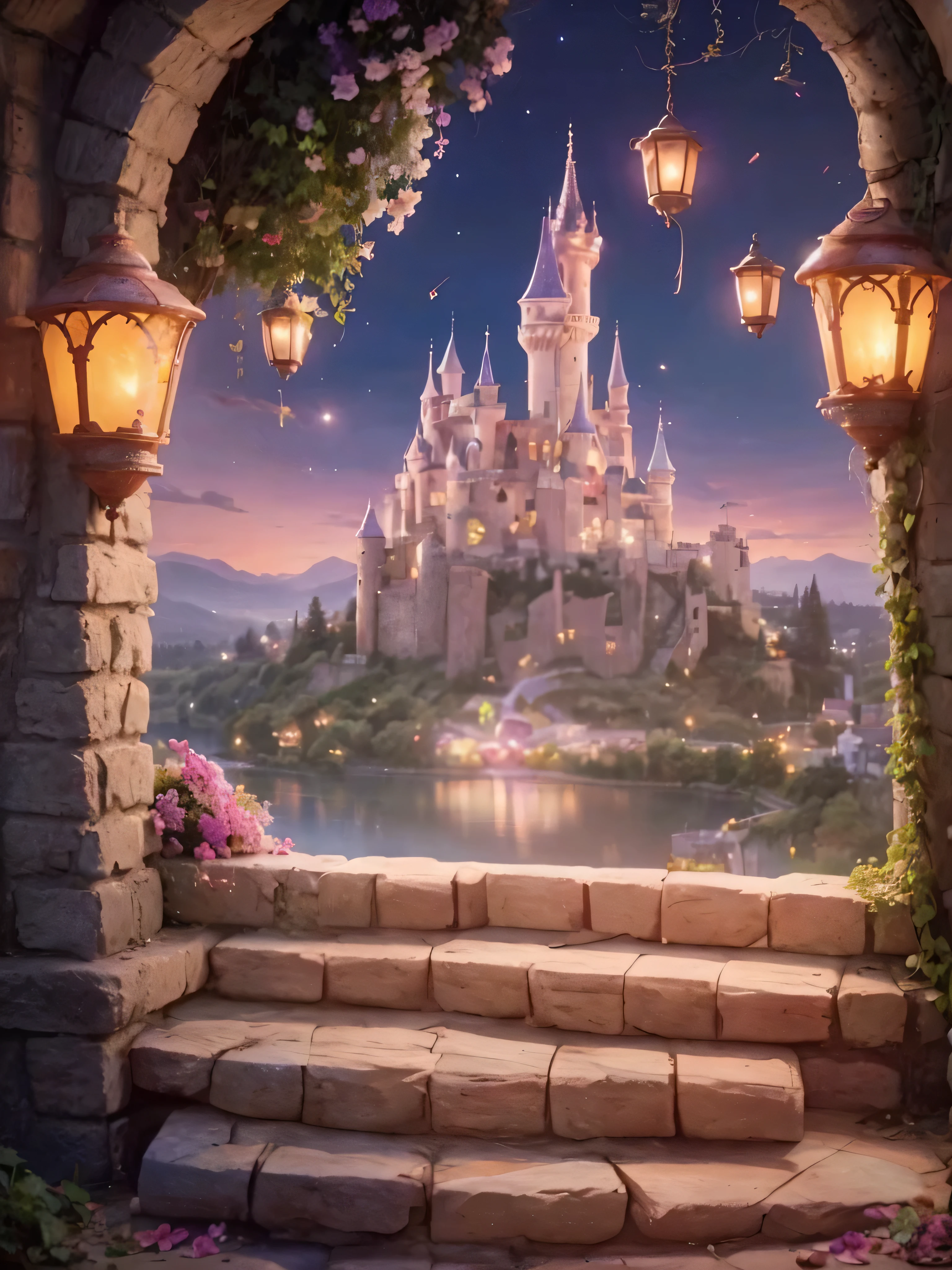 Photos taken from inside the castle,There are stairs leading to the castle, Realistic Disney, Beautiful fairy tale rendering, magic castle, disney photo reality, beautiful castle, Background of the Kingdom of Light, Fairy tale style background, castle background, disney style art, fantasy matte,charming, disney concept art, Very magical and dreamy, disney style scenery, fairy tale artwork
