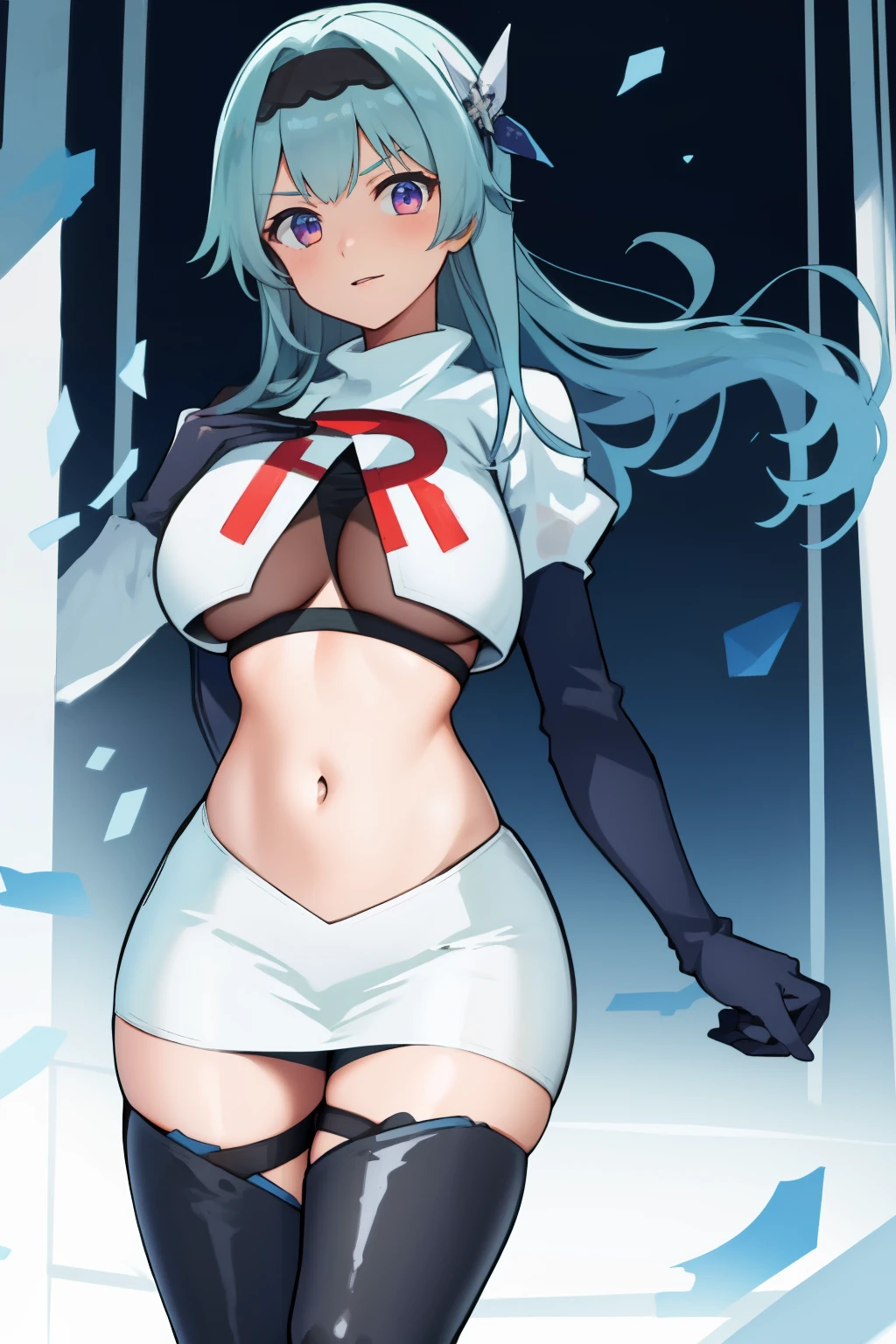 1girl, solo, euladef, large breasts, thighs, team rocket,team rocket uniform,white skirt,red letter R,crop top,black thigh-highs,black elbow gloves,