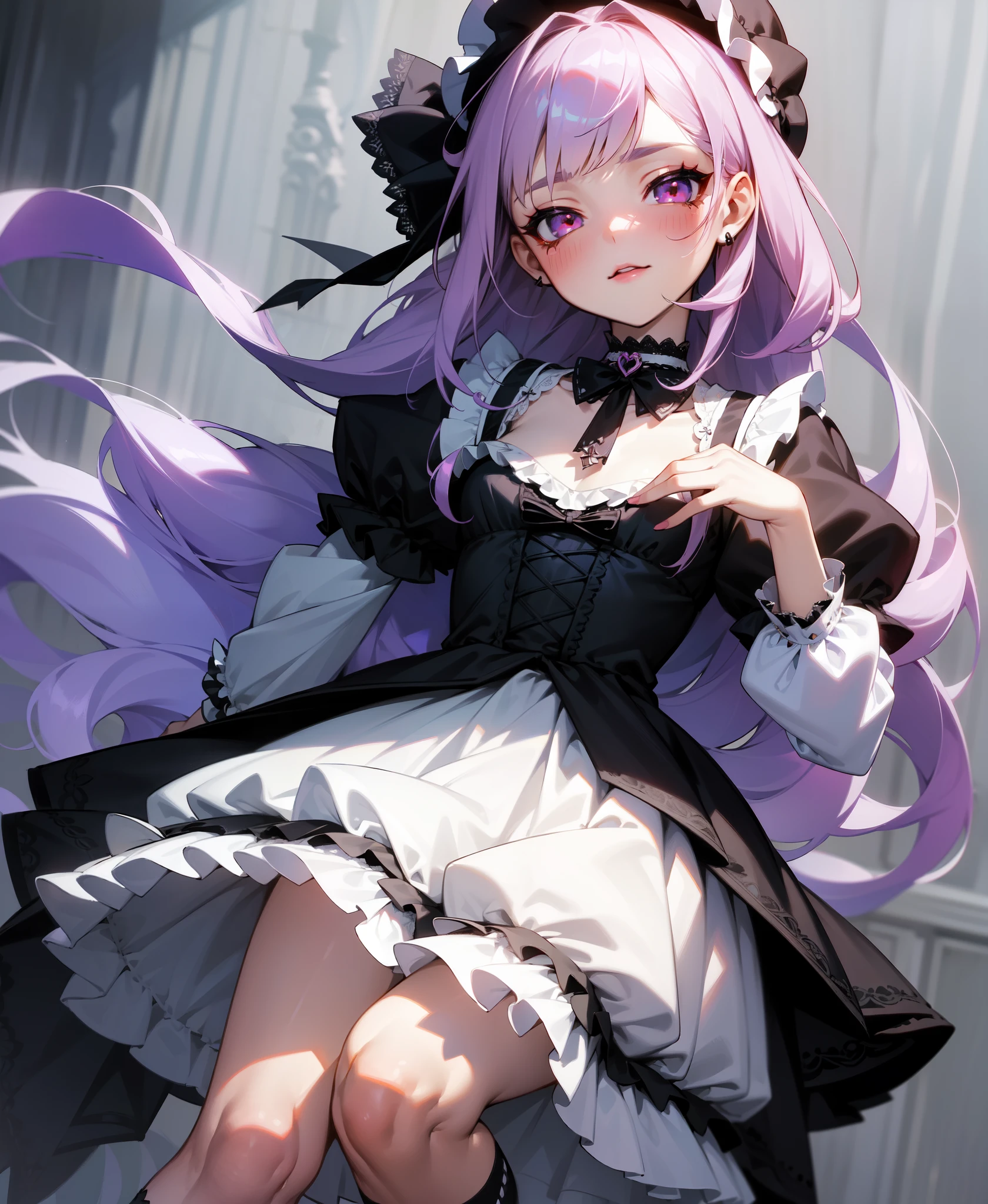 1girl, best quality, exquisite facial features, perfect face, bishoujo, ojousama, {{{grey eyes}}}, straight long pink hair, hime style bangs, lace trim, black gothic, lace pantyhose, sweet smile