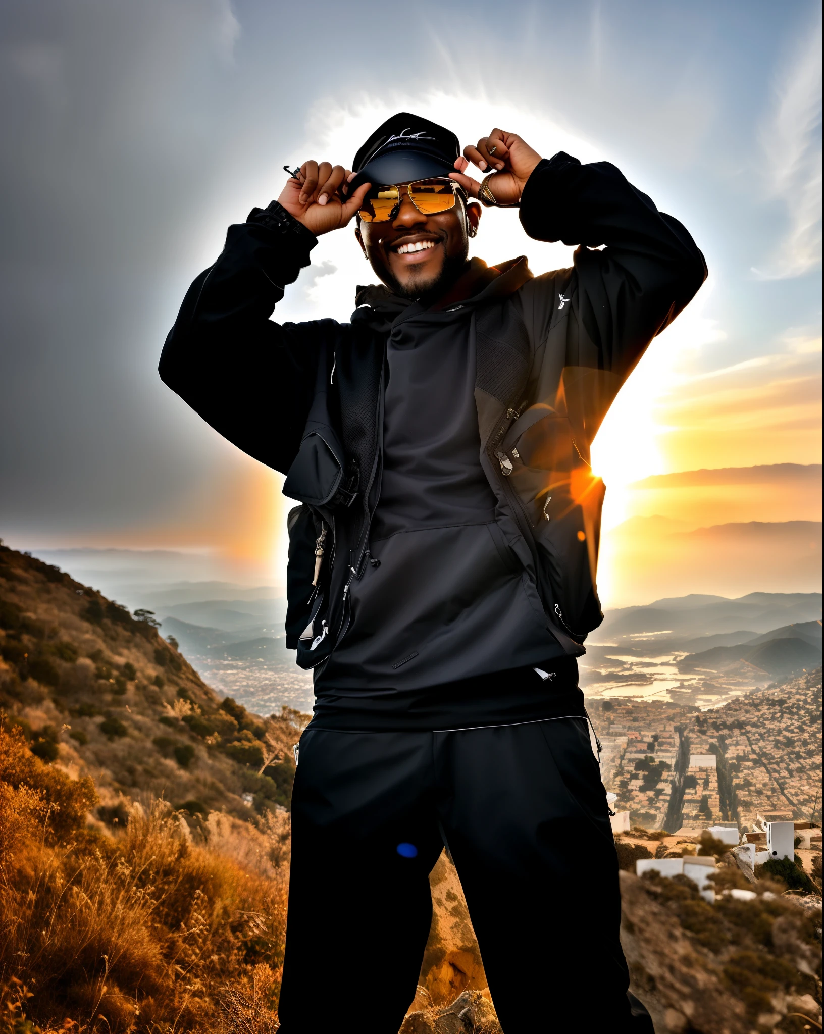 arafed man in a black jacket and sunglasses standing on a mountain, taken in the early 2020s, frank ocean, on a mountain, with ocean in the background, with sunset in background, ocean in the background, view from the top, moutain in background, on the mountain, hills in the background, on top of a mountain, los angeles, anime style, 3d anime
