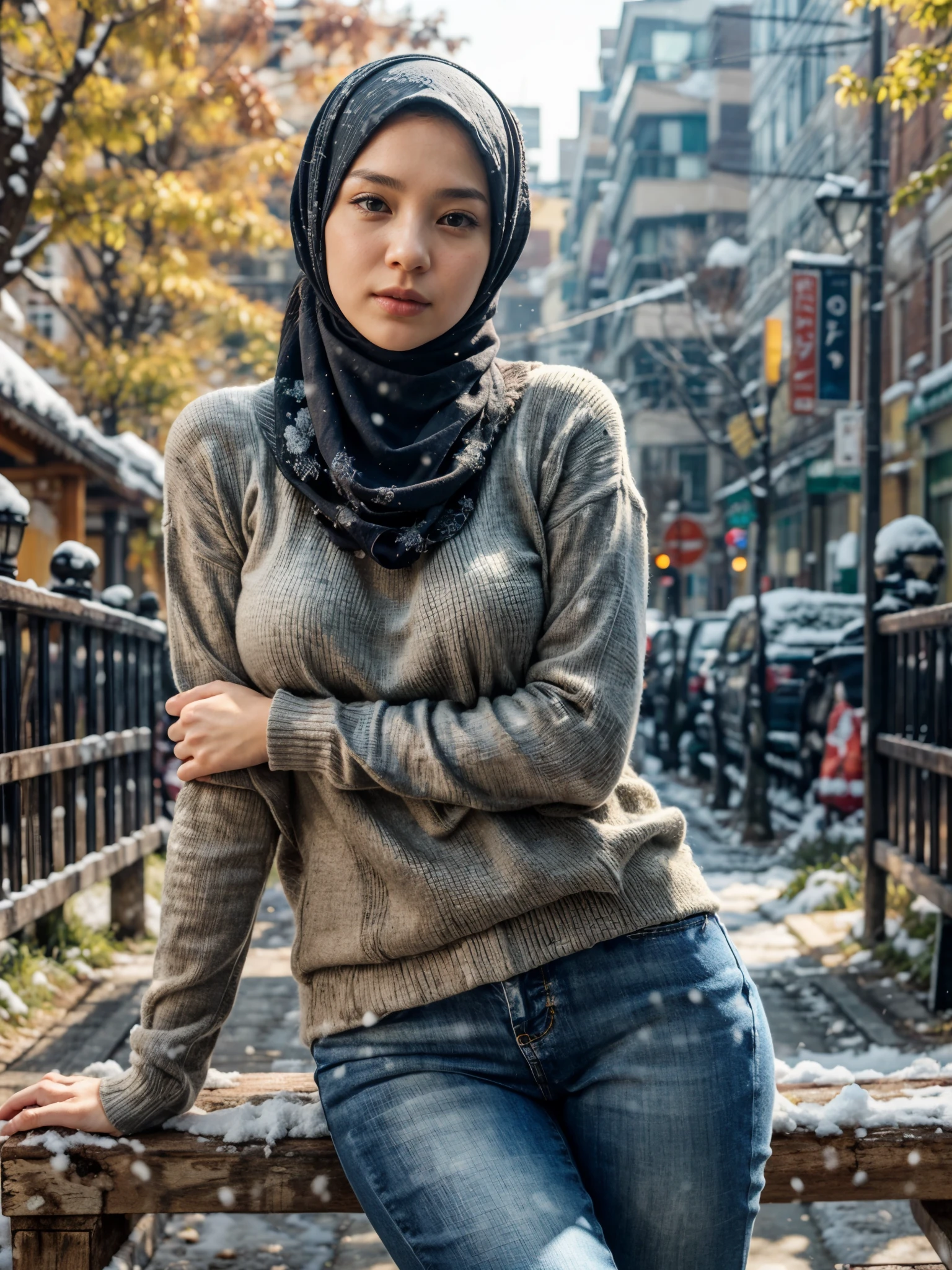 Photorealistic, close up, low angle, (seen from below:1.1), a japanese young girls with hijab, (long sleeve sweater:1.2, long jeans), a hyperrealistic beautiful young girls with natural sagging breast, high detailed official artwork, beautiful girls with slim fit body and busty posture, attractive young girls (seductive poses:1.3, crossed arm hold on the breast), at bench in the natural forest with (surrounded by snow:1.2), natural background, dubnitskiy david fanart, realistic portrait, smooth photorealistic, perfect visual of a cute girls, cute girls with skinice soft face, look at viewers, makoto shinkai and artgerm, photon mapping, natural light, greeney tones, vivid colors, playful ambient, foggy atmosphere