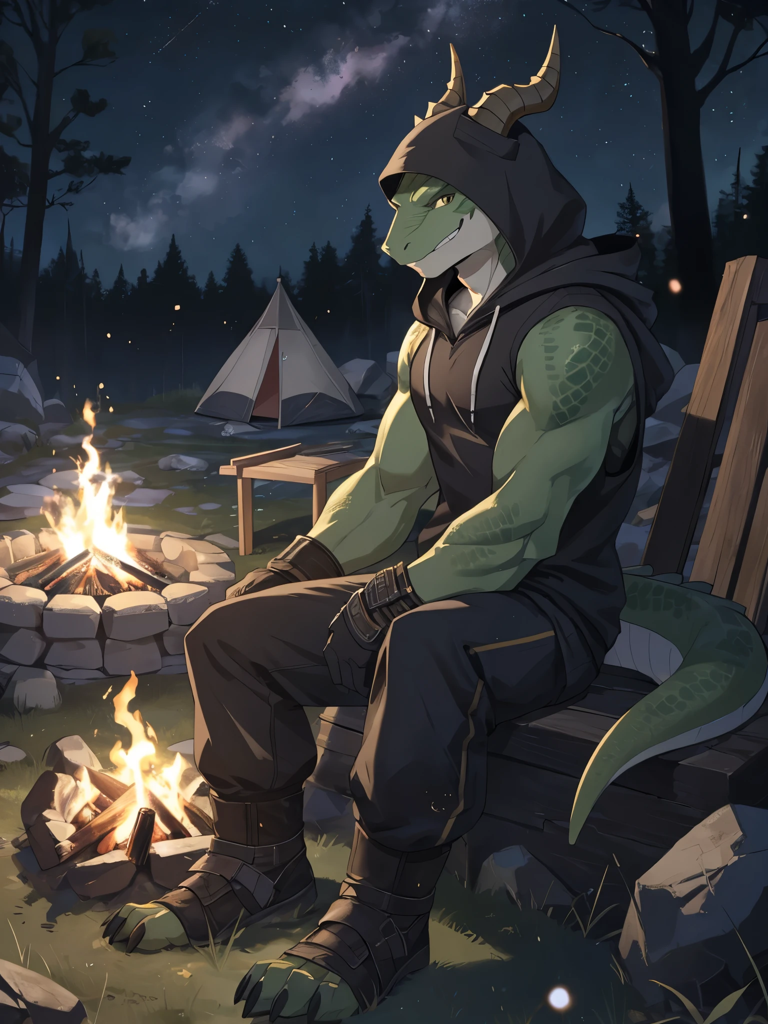 solo, kemono, (lizard), anthro, male ((green body)), scales, tail, horn on his head, handsome, soft grin, glance at viewer(black scifi sleeveless hoodie, hooded) fantasy, outdoors, outside, dark, night, forest, campfire, camp, stars, sitting, toe claws, epic, depth of field, perfect lighting, (light particles),(best quality),(masterpiece),(ultra detailed),sharp focus,light particles