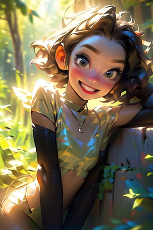 Beautiful girl, (((((small)))), showing face, tongue hanging out, short hair, brown, 8K, Professional photography, gentle, transparent, In the forest, Sun, Light leak, Masterpiece, (Beautiful)))), (reality)))), smile, fantasy, an angel, young