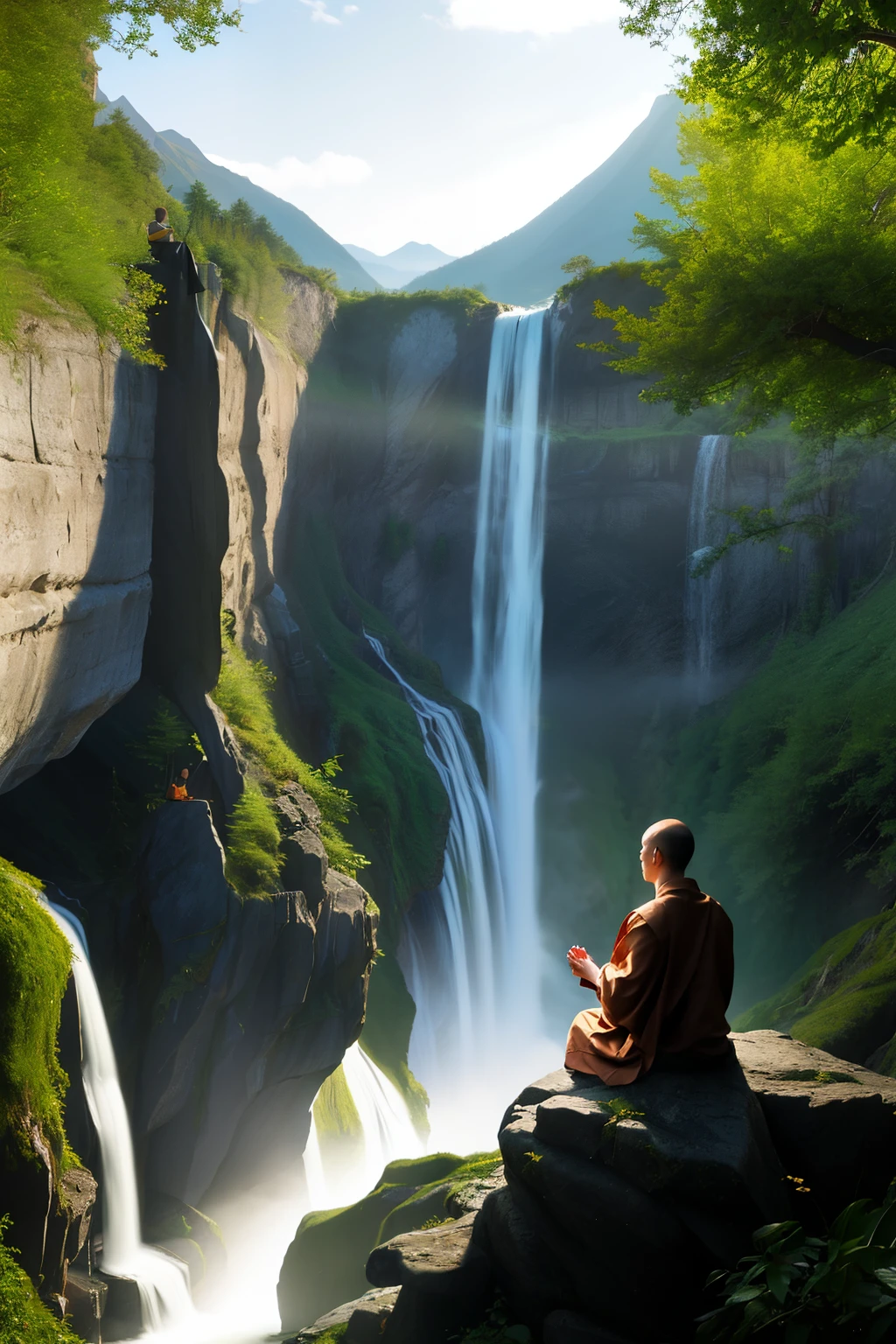 A monk meditates in a place with a waterfall on the mountain, Masterpiece, ink