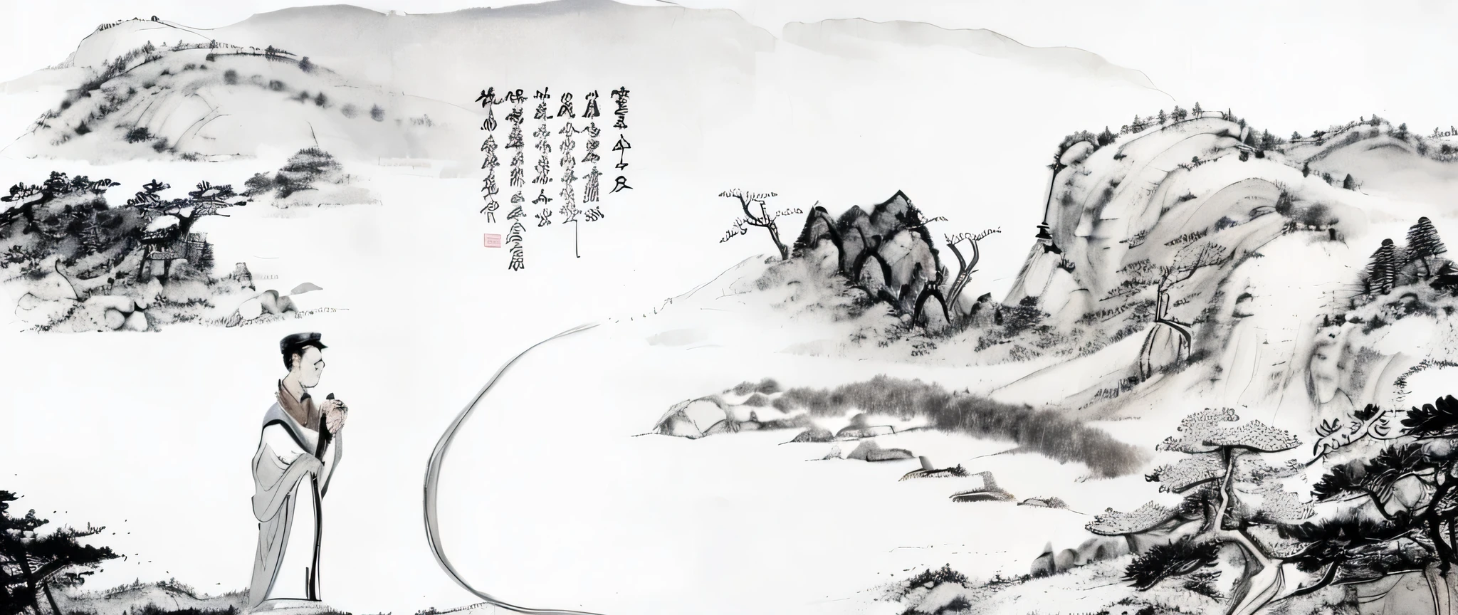 masterpiece,beautiful,A piece of light color ink painting,The painting shows a man in Tang suit standing in front of a mountain, traditional Chinese ink painting, Chinese style, Chinese painting style, Chinese watercolor style, Chinese ink painting, traditional Chinese painting, Chinese brush illustration, Chinese ink painting, Detailed Landscape - Width 672, Chinese painting, intricate ink painting, landscape artwork