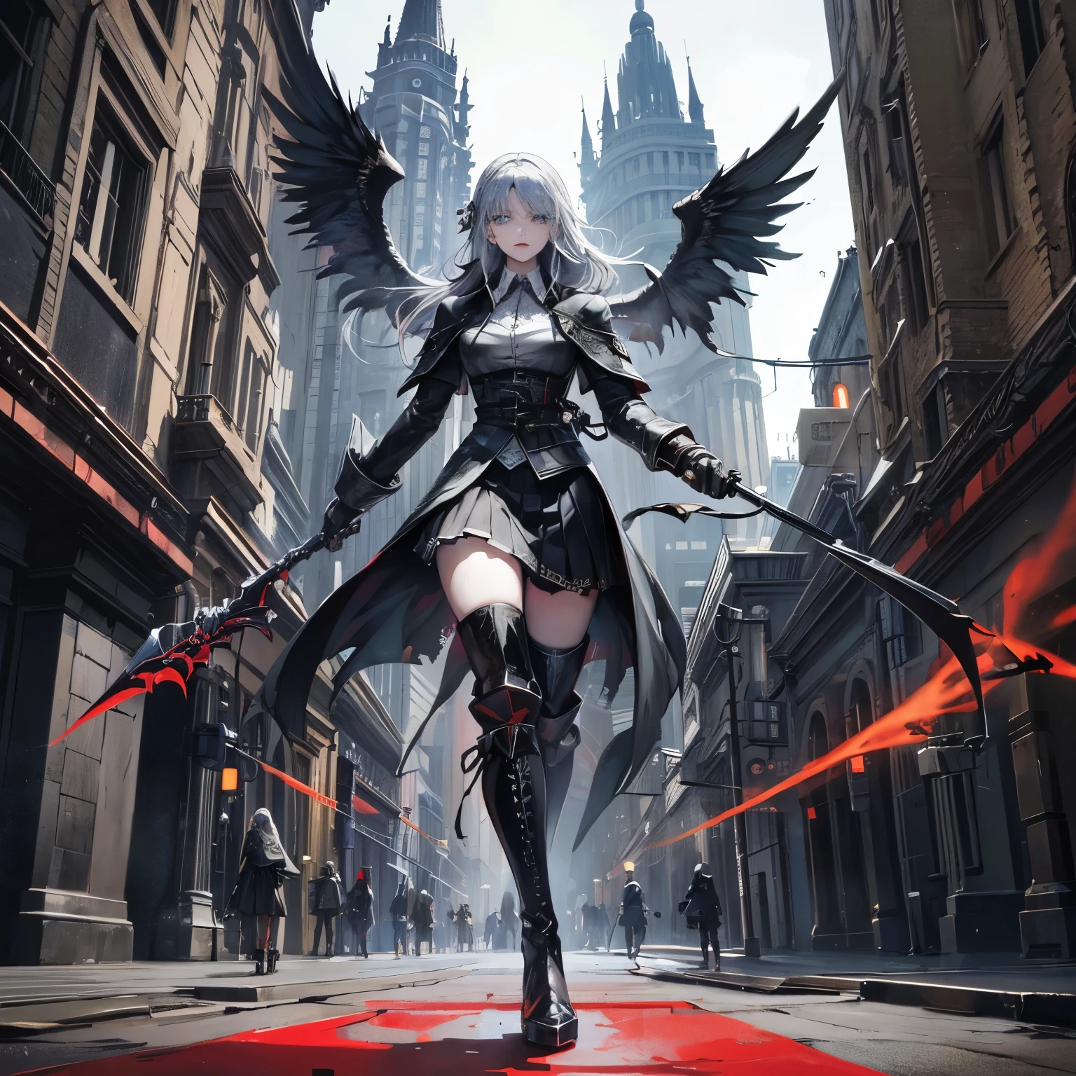 masterpiece、high quality、Cyberpunk、dark fantasy、DARK SOULS、Bloodborne、In a brutal world、High school girl holding a sickle（blue eye、silver hair、sickle user、fallen Angel、Black wings、Crow's Wings、Habubuki）、uniform（y shirt、cutter shirt、blazer、skirt、long coat）Wear cyberpunk boots（high heels、high boots）、Wielding a giant scythe、Bloodstained