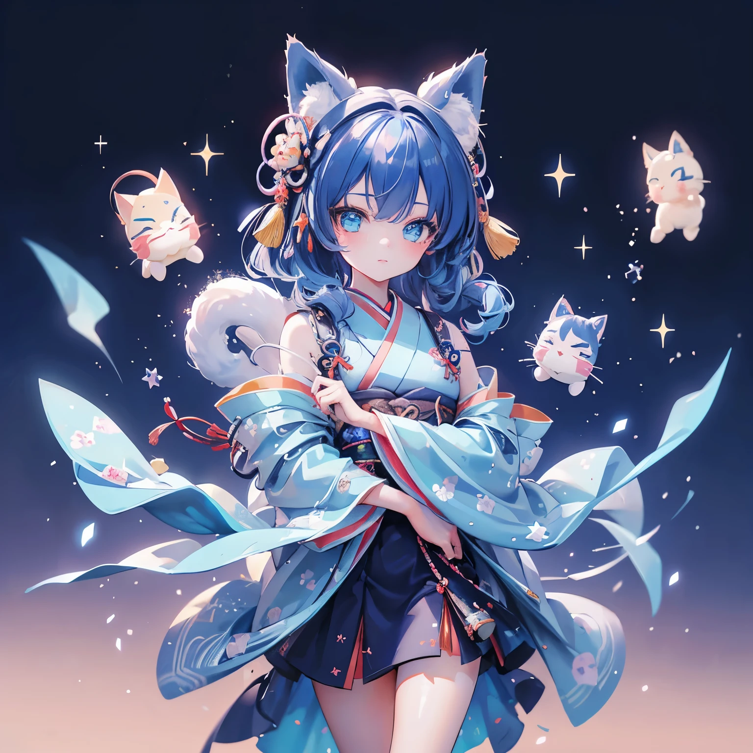 high quality, beautiful girl, masterpiece, star hair,blue hair, sparkling eyes, kimono clothes, cat tail,Cat ears, Chinese girl, Aesthetic, Very cute, 8k, fox mask, starry sky, glowing hair, perfect face, night 