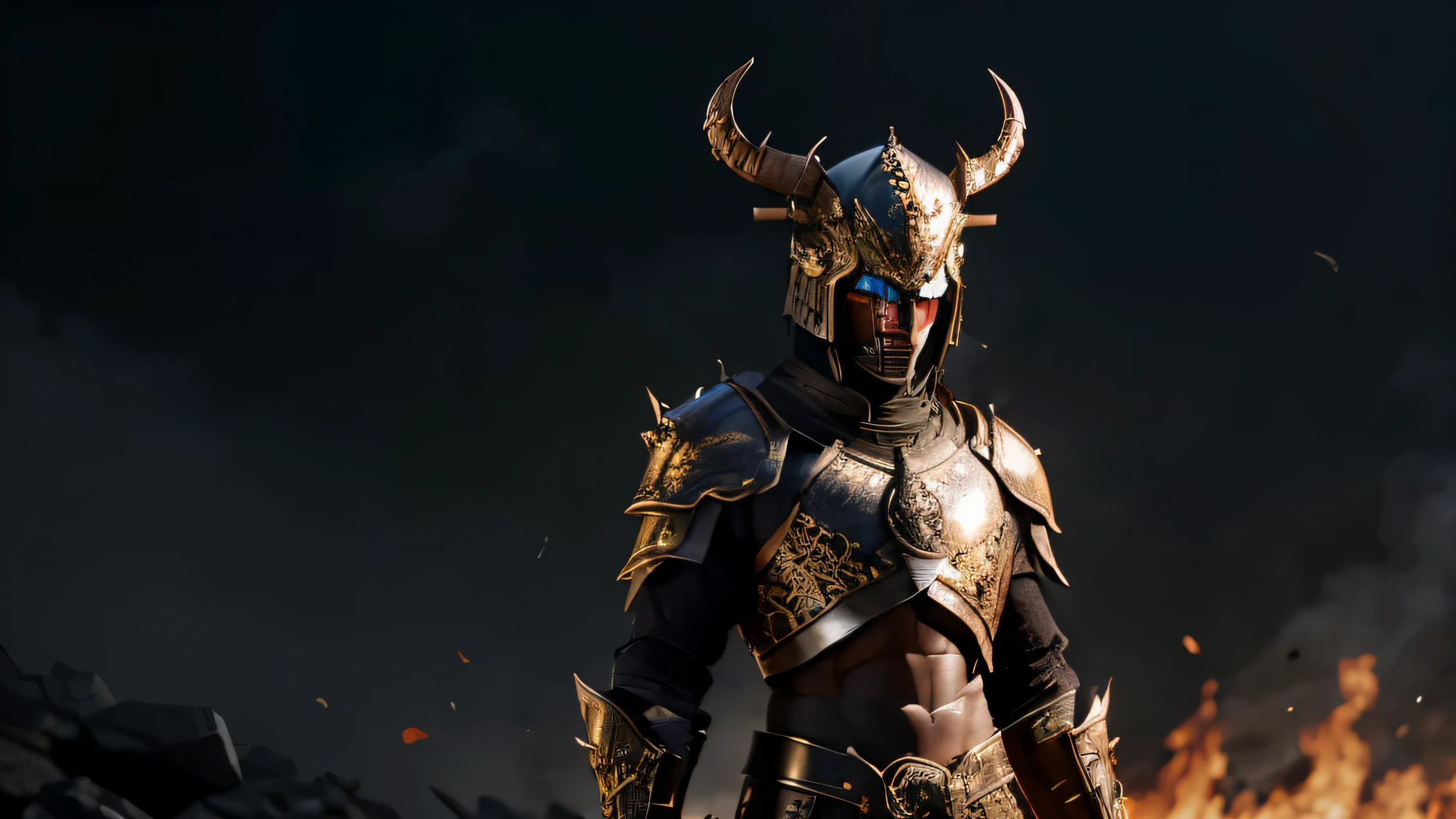 warrior, concept-art, author：Kishiganku, Fantasy art, Zen temple background, clean render, a horned, Wear a suit of armor, Detailed bushido form smoke, helmet of a forgotten deity, character is standing, 8k Realistic, in game render, detailed face background detail, Art station front page, taur, Pseudo-medieval fantasy, A deity wearing koi armor, detailed bronze armor, Bronze armor, golden etched armor, gold obsidian armor, Light gold armor, Gorgeous filigree armor, A demonic warrior, Gorgeous armor full of thorns, Intricate assasin armor, Intricate metal armor, powerful warrior, Dressed in gorgeous gold armor，Decorated with intricate patterns, The helmet has a large crown and two horns,Glowing red eyes， Everything is in the dark, The smoky background hints at battle scenes, Add an ominous aura to his character，Demon's giant demon wings，submission, Full body shot.