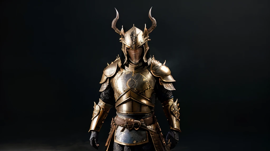 warrior, concept-art, author：Kishiganku, Fantasy art, Zen temple background, clean render, a horned, Wear a suit of armor, Detailed bushido form smoke, helmet of a forgotten deity, character is standing, 8k Realistic, in game render, detailed face background detail, Art station front page, taur, Pseudo-medieval fantasy, A deity wearing koi armor, detailed bronze armor, Bronze armor, golden etched armor, gold obsidian armor, Light gold armor, Gorgeous filigree armor, A demonic warrior, Gorgeous armor full of thorns, Intricate assasin armor, Intricate metal armor, powerful warrior, Dressed in gorgeous gold armor，Decorated with intricate patterns, The helmet has a large crown and two horns,Glowing red eyes， Everything is in the dark, The smoky background hints at battle scenes, Add an ominous aura to his character，Demon's giant demon wings，submission, Full body shot.