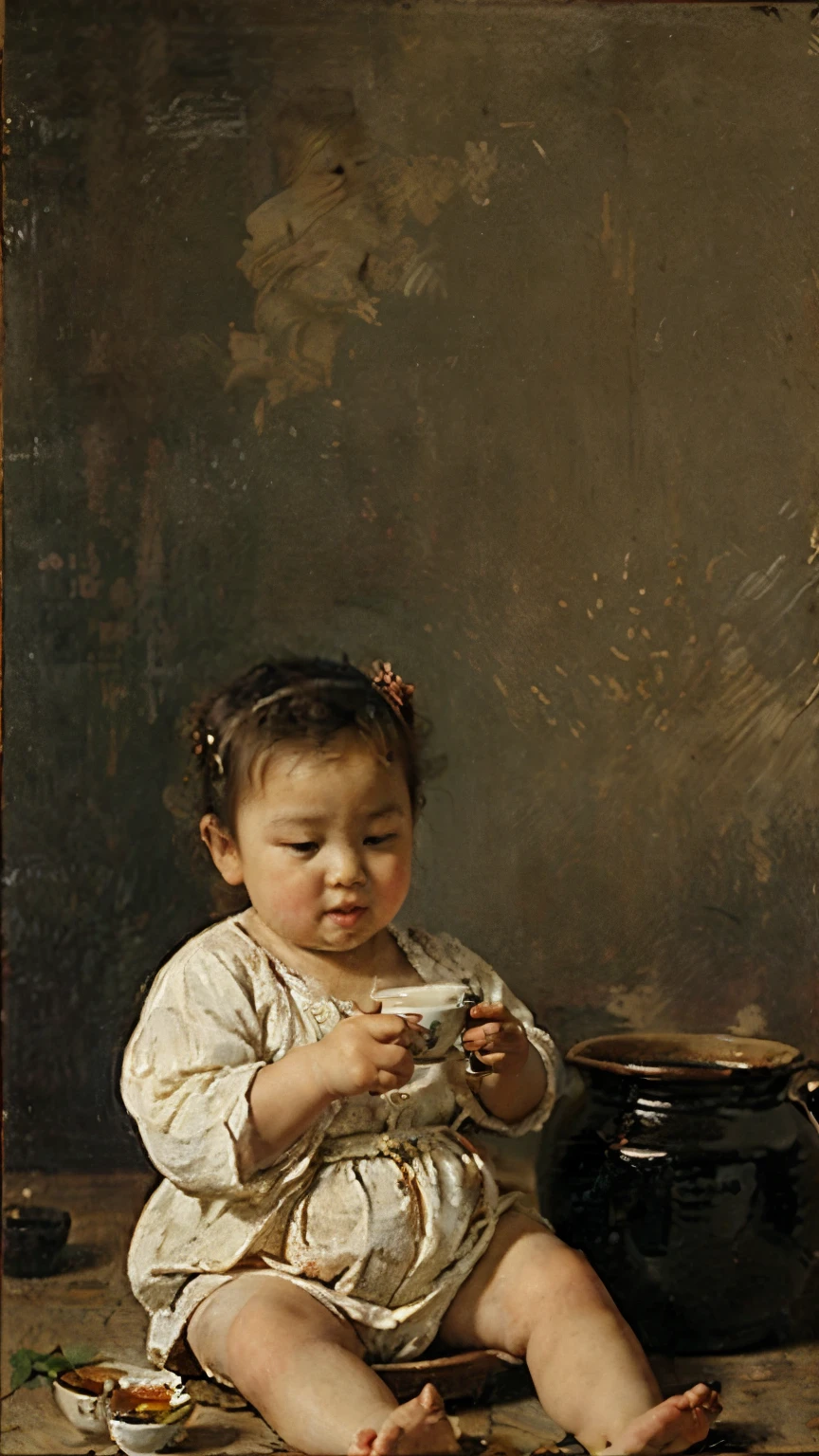 (classic oil painting) a funny cute classic asian oil painting about a little fat baby drinking a tea on a pot of tea