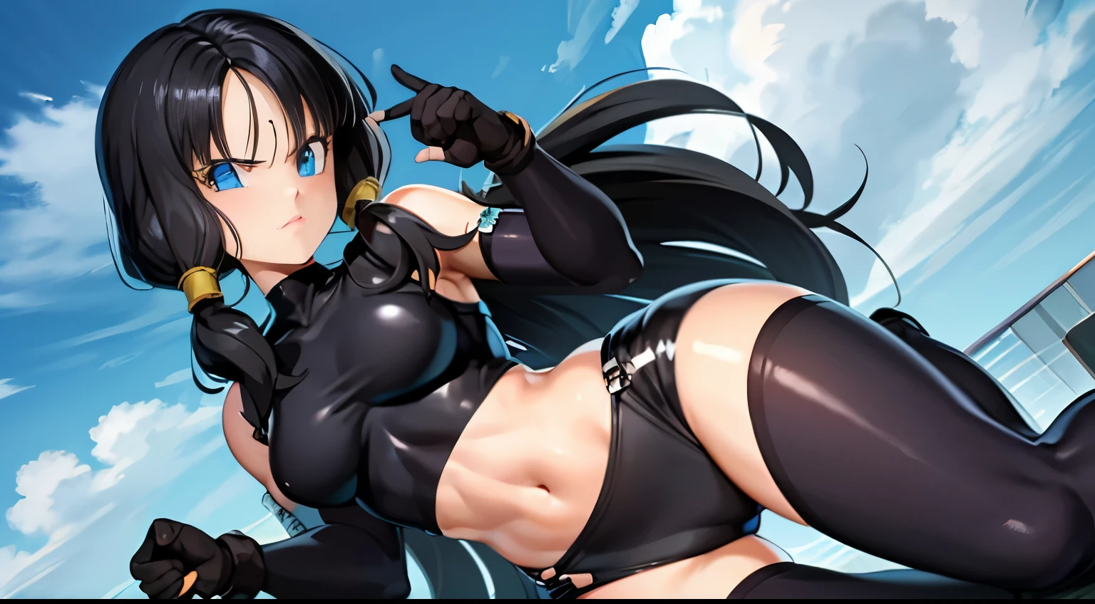 masterpiece, highest quality,High resolution, 1 girl,saw 2, blue eyes, black hair, Low twintails and short cut,black tight suit,black rubber suit,black full body tights,put your hands on your hips,open your legs wide,serious face,Laboratory